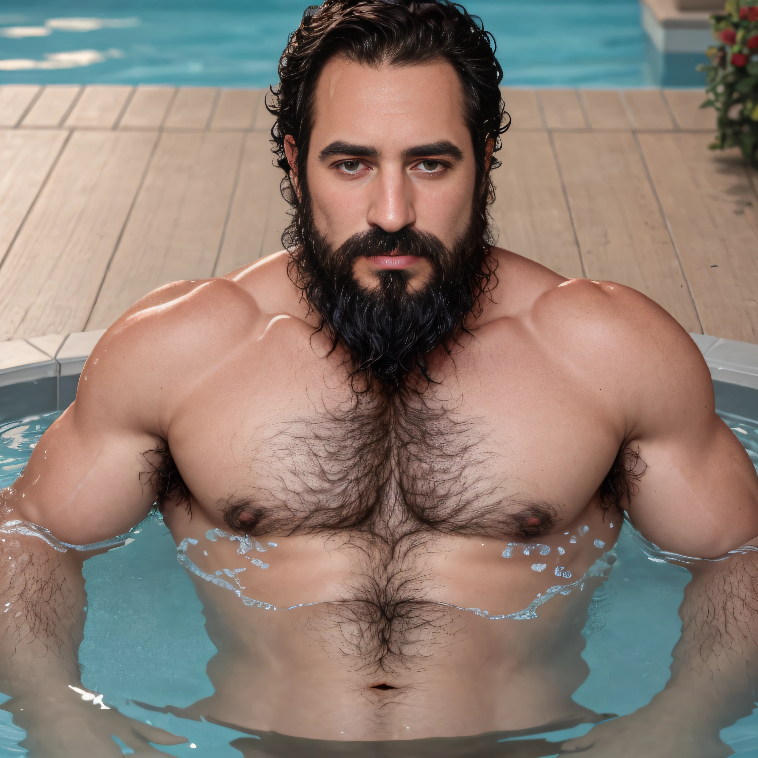 ultrahigh resolution, La mejor calidad, Foto, 4k, (fotorrealista: 1.4), cinematic lighting, Three beautiful 38-year-old men bathing in a pool, barba, brown eyes