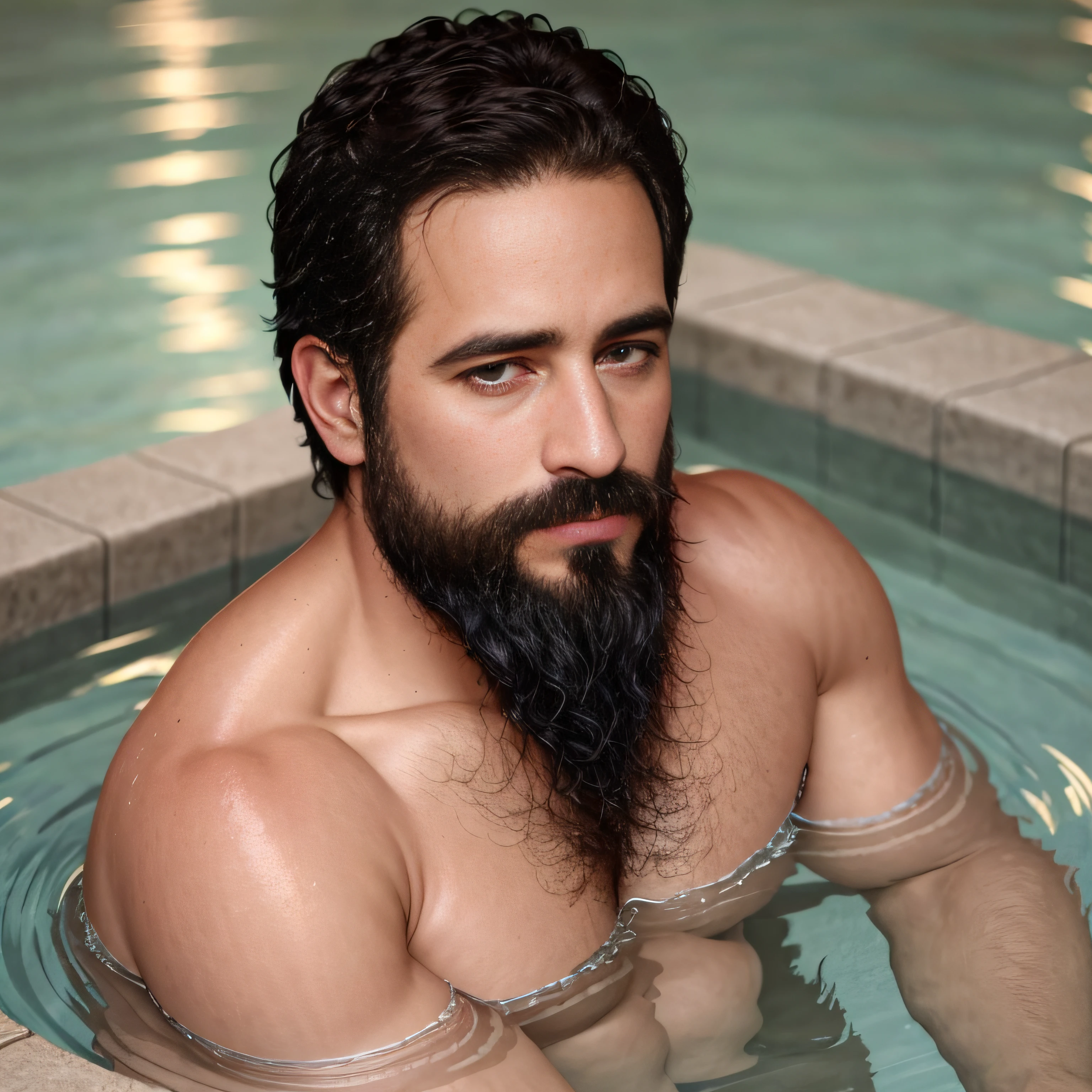 ultrahigh resolution, La mejor calidad, Foto, 4k, (fotorrealista: 1.4), cinematic lighting, a beautiful 38 year old man bathing in a pool, barba, brown eyes