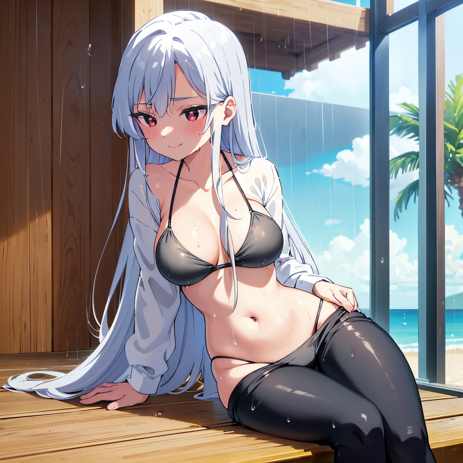 1girl, alone, nano eiai, red eyes, blue-white hair, long hair, Pov (from the front), Masterpiece, Best quality, 1 girl, solo, bikini, white bra, white string thong, White shirt, Wet shirt, Open shirt, Legs crossed, sitting, sitting on the sand, Beach, Sea, long_hair, closed mouth, medium tits, medium waist, medium hips, Wide thighs, looking at her own tits in a bikini, Smile (wet clothes, transparent: 1.2), (White shirt), Wet, closed mouth, smile, Landscape urban, (gray sky, rain:1.3),