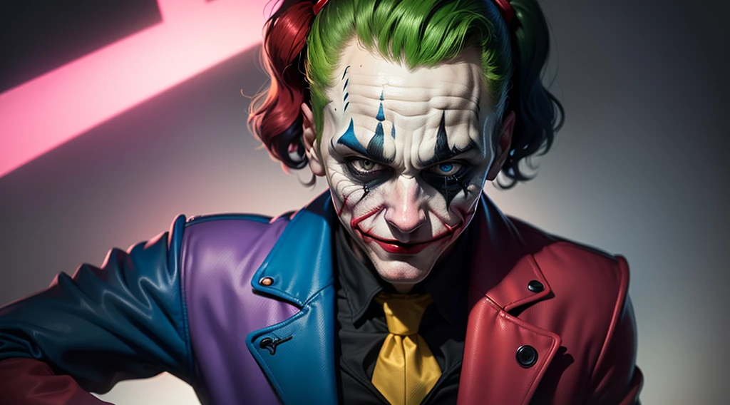 The character The Joker but with a harley quin color scheme in a cartoon style
