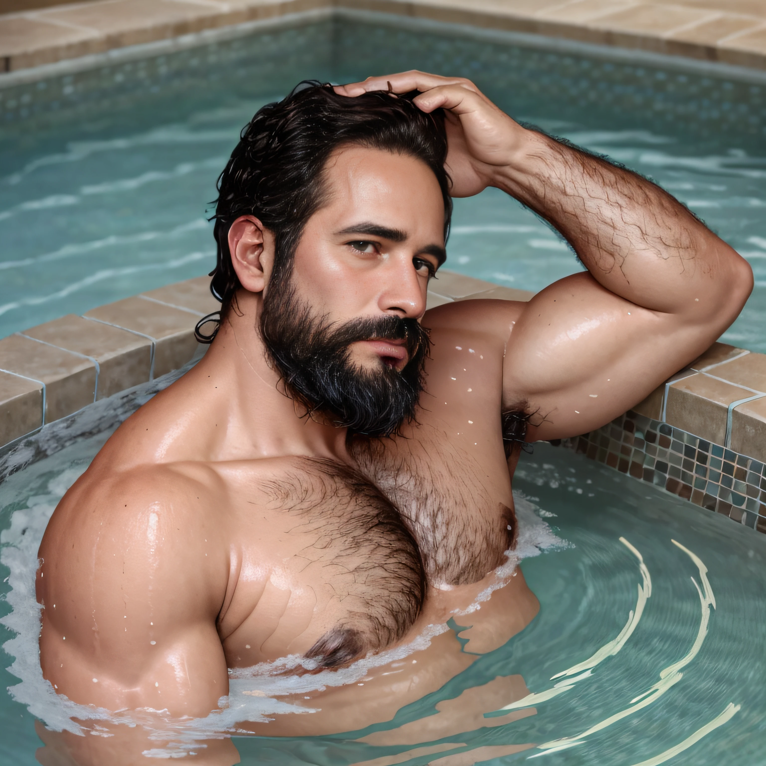 ultrahigh resolution, La mejor calidad, Foto, 4k, (fotorrealista: 1.4), cinematic lighting, a beautiful 38 year old man bathing in a pool, barba, brown eyes