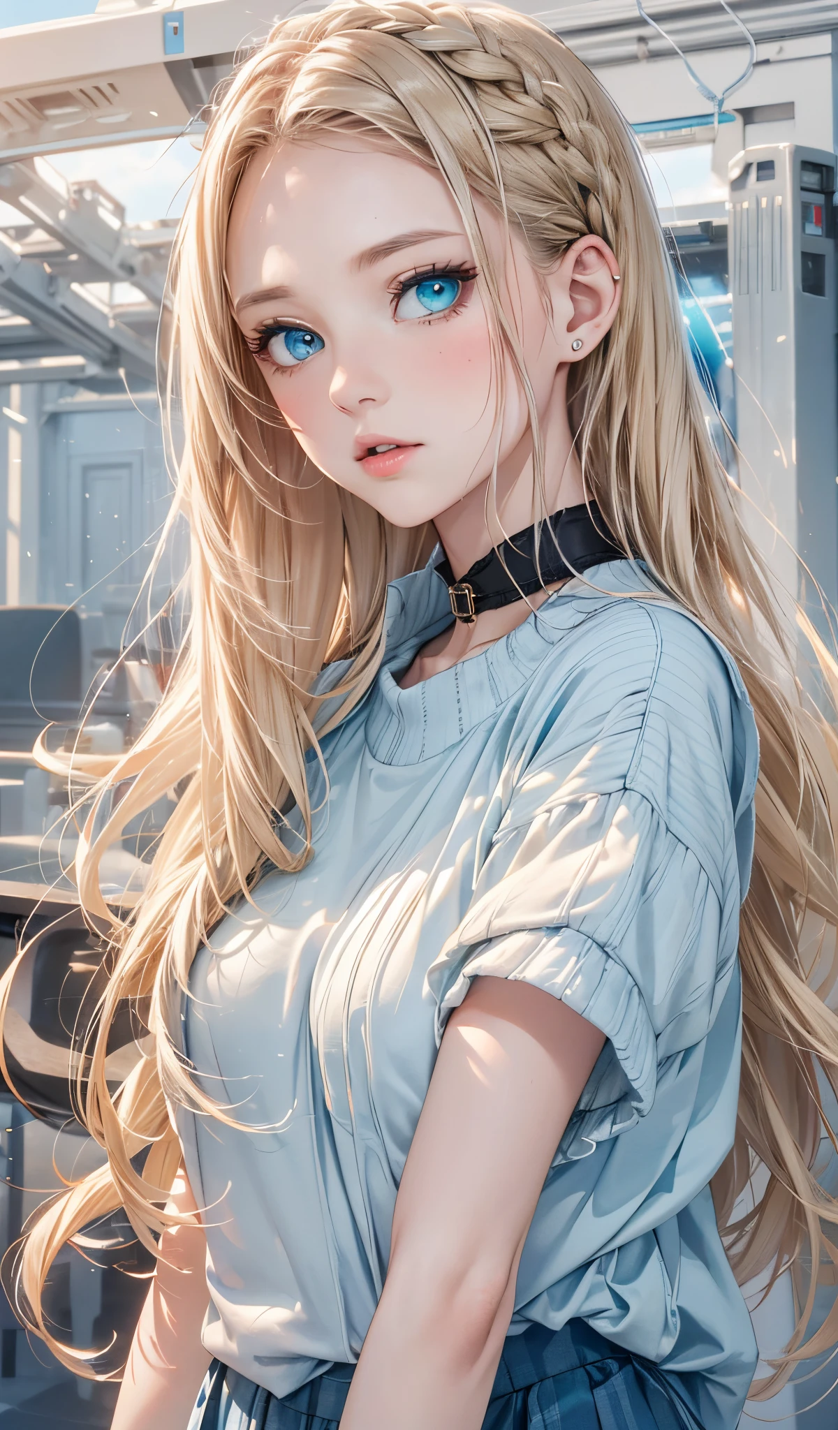 (masterpiece),(top-quality:1.2),1girl in,(masuter piece:1.3),exquisitedetails, Highest quality 8K resolution,(Smooth straight blonde hair:1.2),(Hair parted in the middle:1.3),(Glowing hair),(Dark blue eyes:1.3),White skin, hair clips,Woman wearing a blue sweater and pleated skirt,Long skirt, beautiful image,Sleek appearance,advertisement picture, Sky Blue,Vivid, pale-blue, eeri,Turquoise Blue