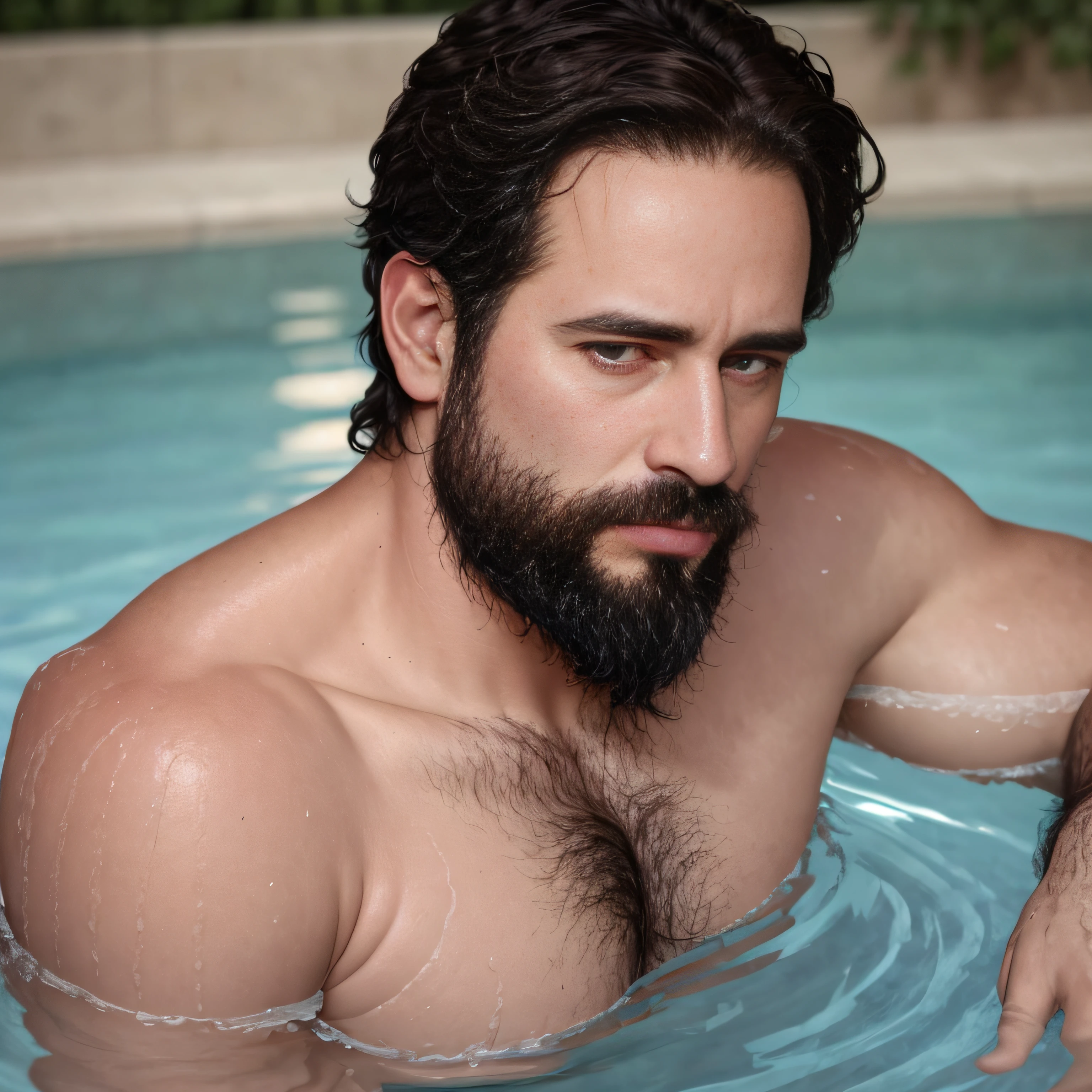 ultrahigh resolution, La mejor calidad, Foto, 4k, (fotorrealista: 1.4), cinematic lighting, a beautiful 38 year old man bathing in a pool, barba, brown eyes