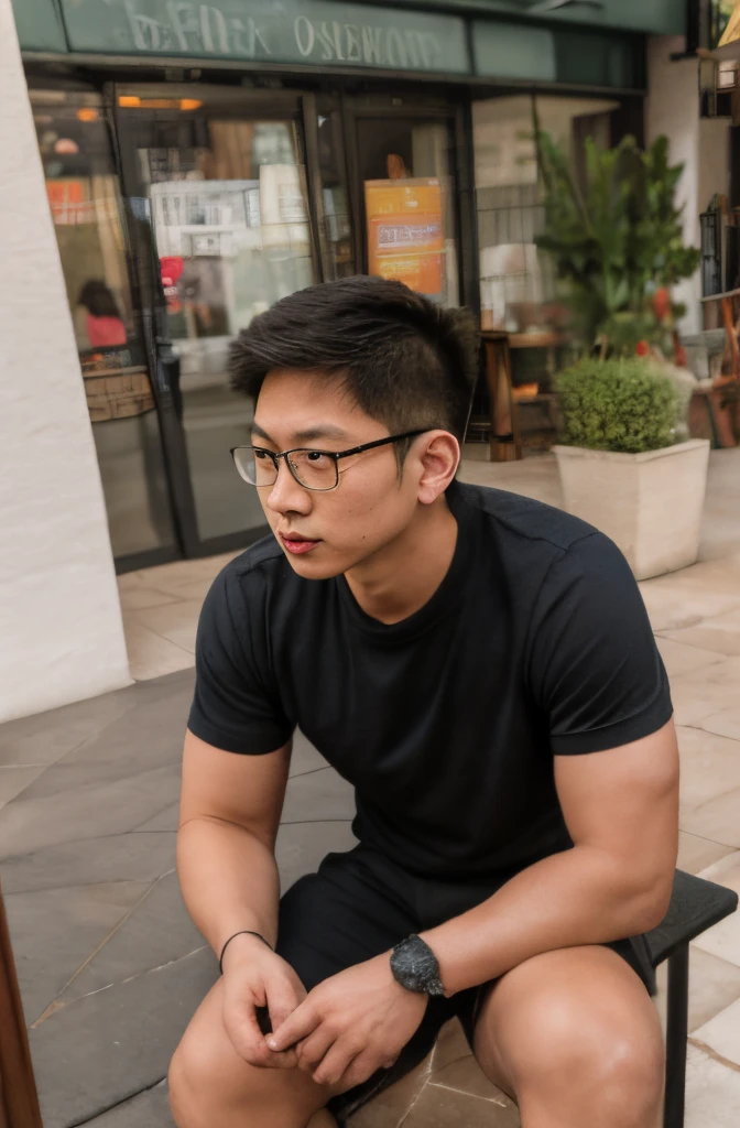 Andrew thomas huang, oval face, eyeglasses, short hair, neat muscular, short shorts, sitting, cafe