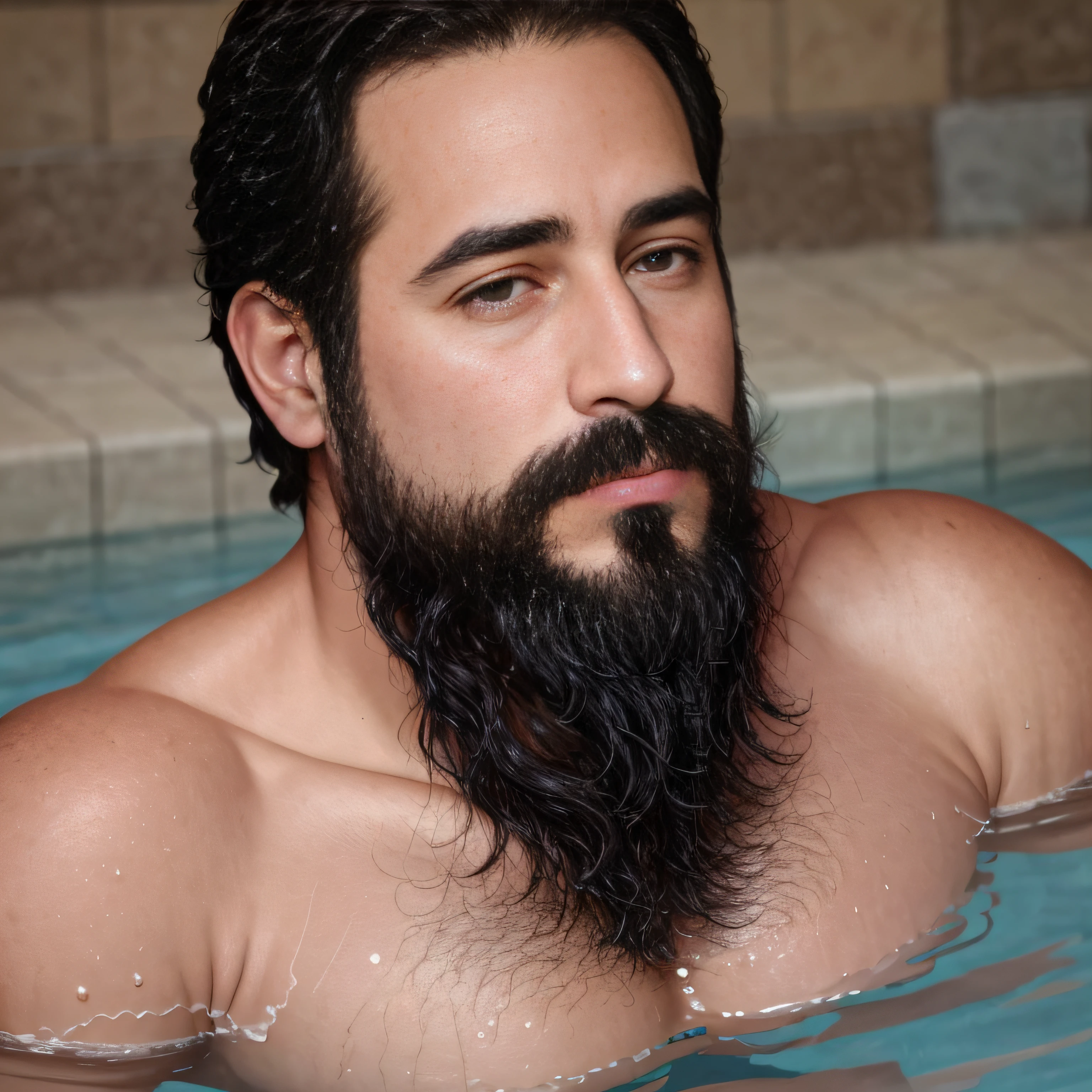 ultrahigh resolution, La mejor calidad, Foto, 4k, (fotorrealista: 1.4), cinematic lighting, a beautiful 38 year old man bathing in a pool, barba, brown eyes