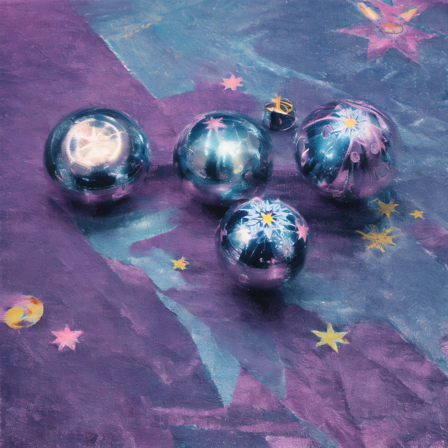 album art, metalic, aluminum emboss ten pointed star, sun and moon, metallic cosmos, baby blue, silvers, soft pink, neon colors, hyper pop, colorful, trippy, melty, psychedelic, y2k, symmetry, no text
