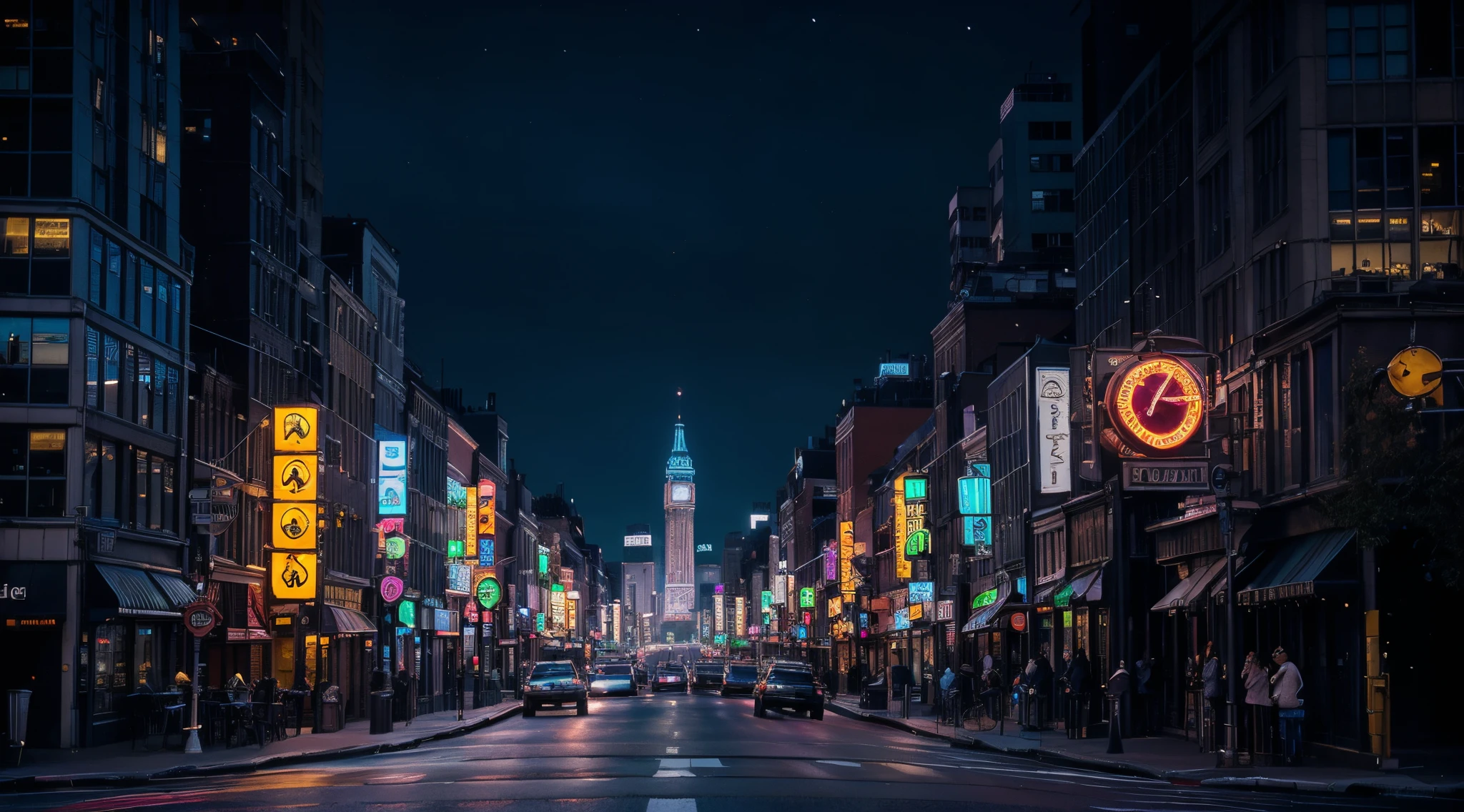 araful city street with a clock tower in the background, postprocessed, the city that never sleeps, city midnight neon lights, photo still, vibrant city lights, neon city in the background, beautifully lit buildings, by Rob Alexander, city of pristine colors, purple lighted street, by Matt Stewart, busy cityscape, new york city at night, nighttime in gotham city
