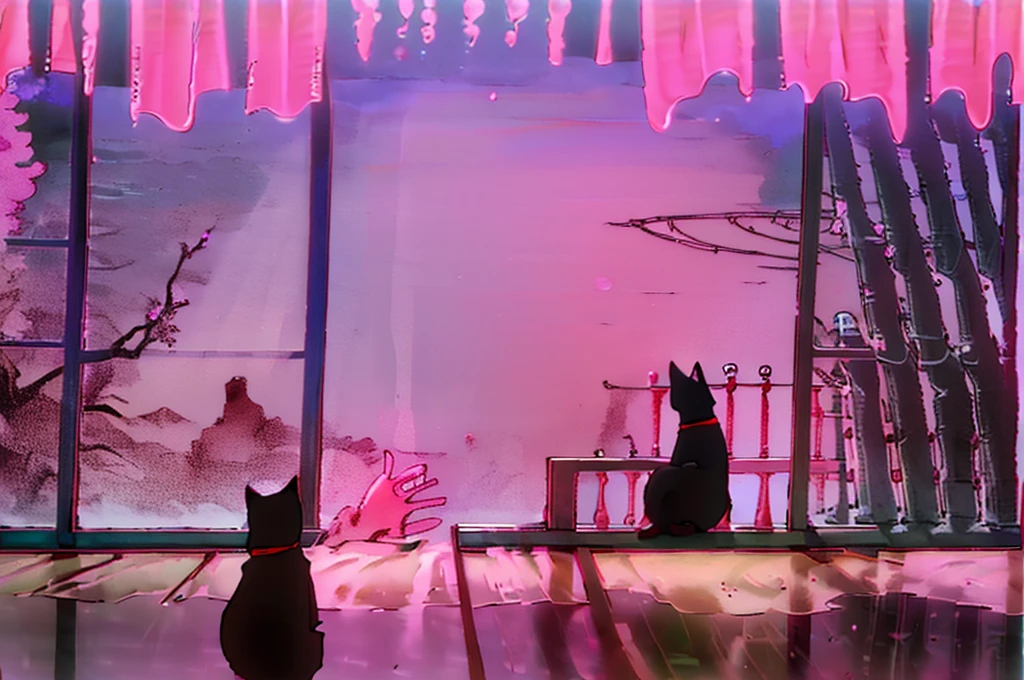 ((best quality)), ((masterpiece)), (detailed), lofi town, cherry blossom trees, cherry blossoms, cat in window, nighttime