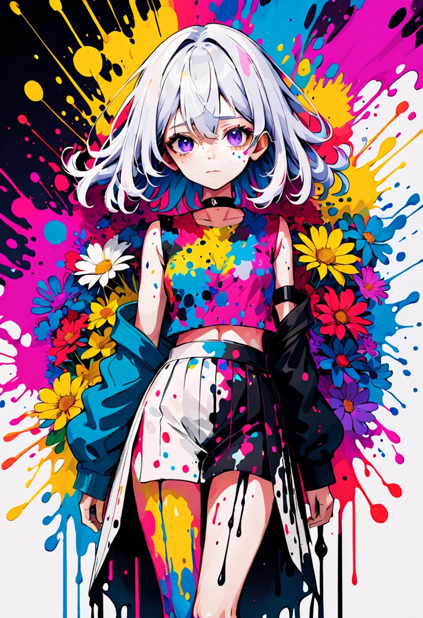 p best quality,masters,masutepiece,//(fusion of limited color,maximalism artstyle,geometric artstyle),Double exposure of flowers and liquid, fussion of fluid abstract art,glitched,//Black and white painting,(Full body:1.1),(sketch:1.3),(draft:1),Scribbled lines,(Colorful paint splatter:1.2), Splatter,paint,inky,(Unique:1.3),1girl in,silver hair,Lavender eyes,,Choker,