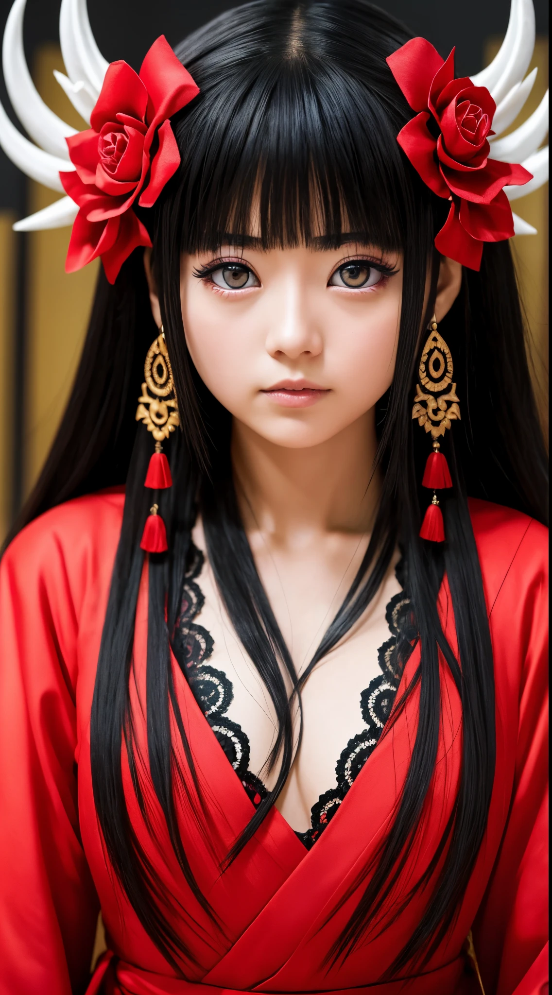She is the demon god of King Enma、beautiful countenance、Red eyes、Big eyes、