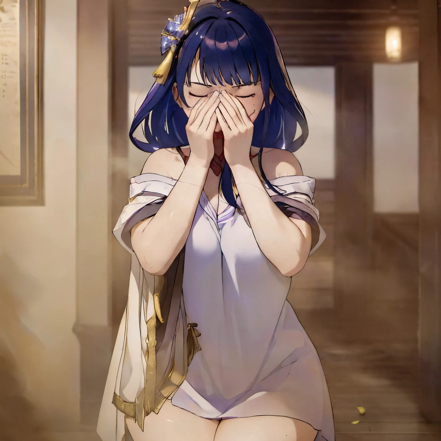 (masterpiece:1.2、top-quality)、(the Extremely Detailed CG Unity 8K Wallpapers、ultra-detailliert、Best Shadows)、(细致背景)、(The best lighting、extremely delicate and beautiful)、depth of fields, yellow smoke covering her face, covering nose using bare hand, upward looking gaze、closed her eyes,(((syncope))),((shed tears)),((((Girl is surprised when she smells the bad smell of farts)))),((((please cover your face with your hands。'There'no smell)))