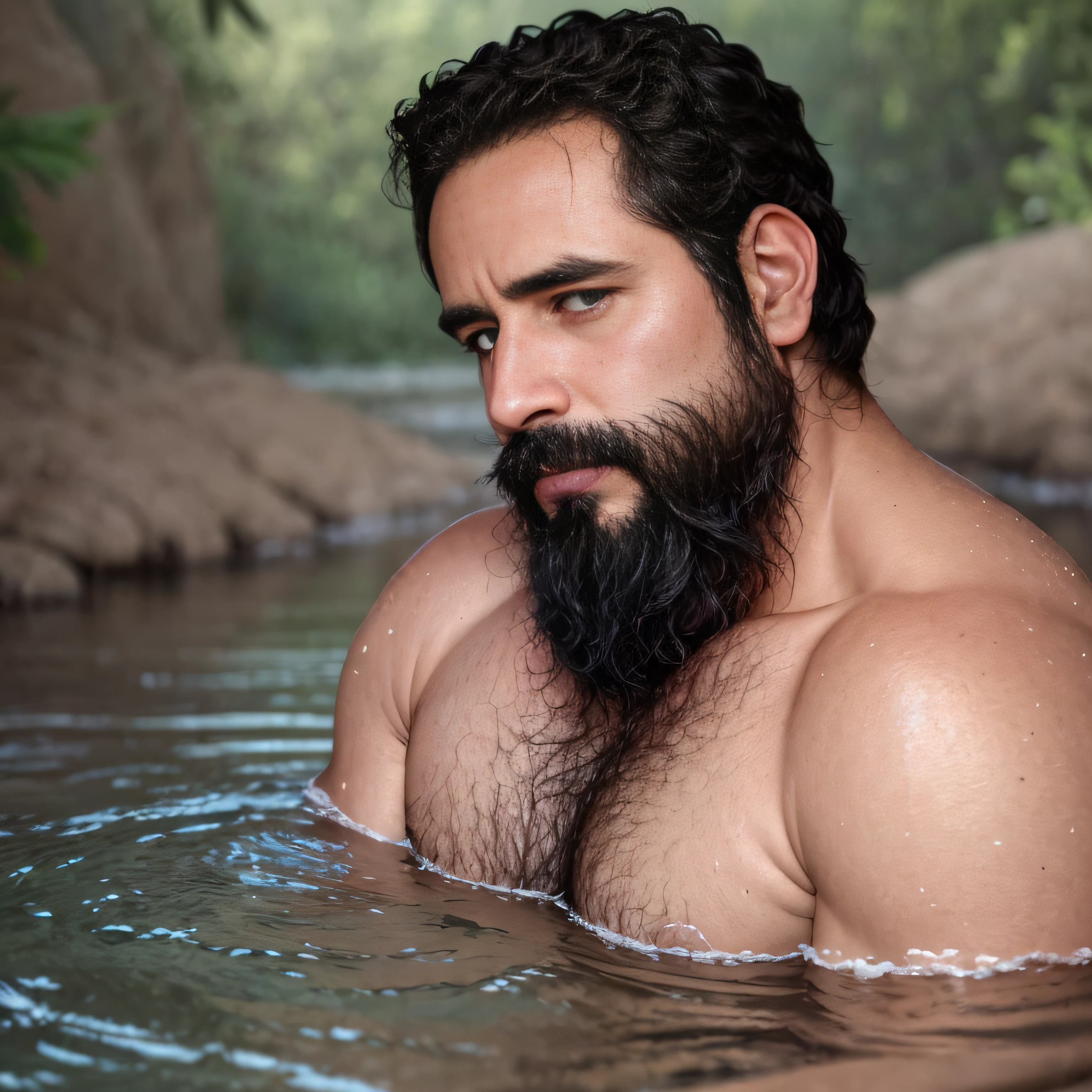 ultrahigh resolution, La mejor calidad, Foto, 4k, (fotorrealista: 1.4), cinematic lighting, a beautiful 38 year old man bathing in a river of milk, barba, brown eyes