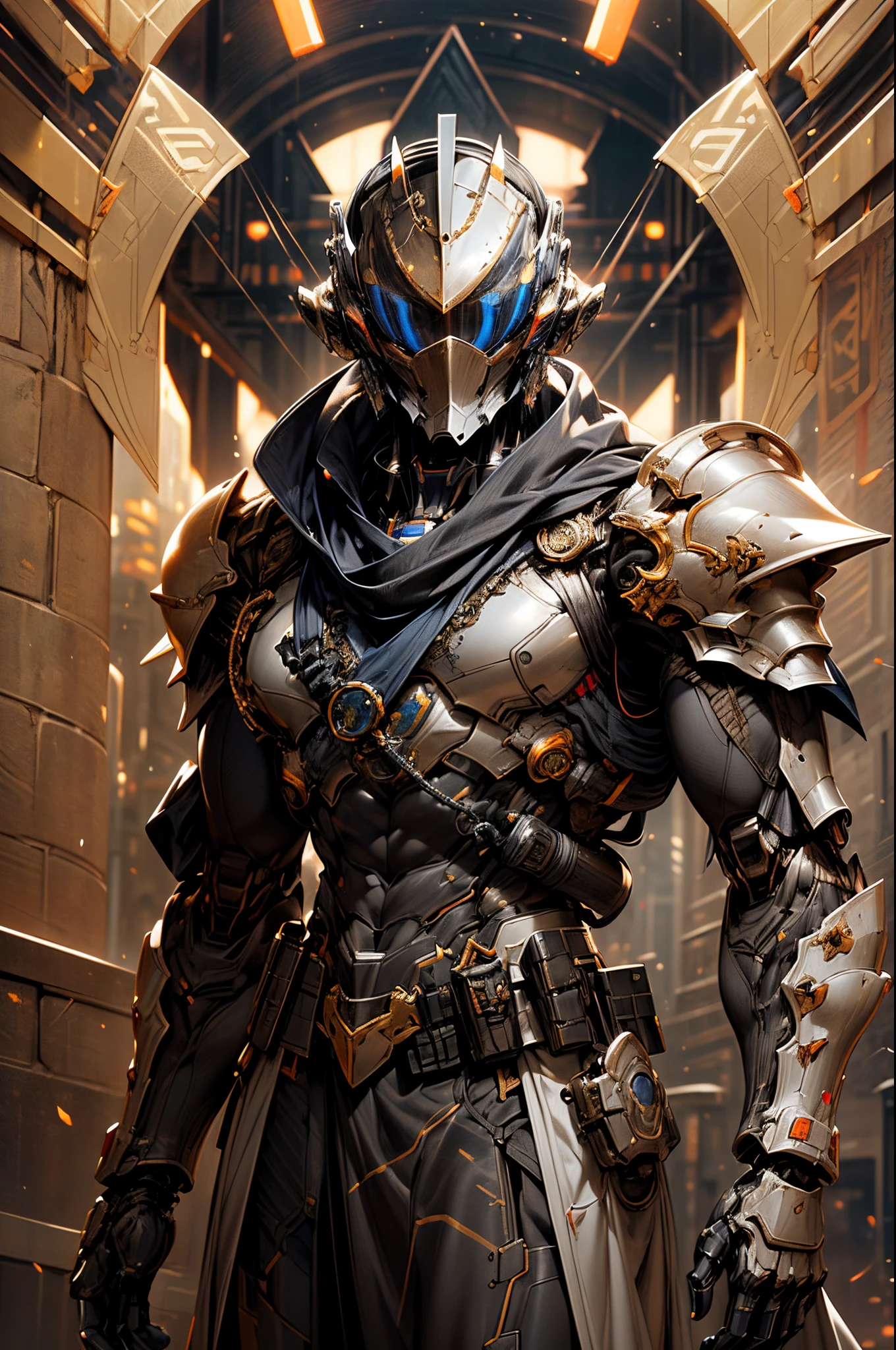 (((An epic and visually stunning digital anime masterpiece featuring a sylphlike masculine ((male:1.5)) space angel clad in a sleek yet tactical white armored military trench coat:1.2))), (((flat masculine male chest:1.5, mechanical mecha head with a knight visor:1.5))), (((the character is adorned in a (scifi tactical armored open front trench coat with a built in exoskeleton, hood pulled up) (over a form fitted armor plated yet super sleek and revealing under suit with waist cut outs), the armor plating on the upper arms and shoulders beautifully engraved))):1.4. The image showcases the intricacies of the character’s armor and clothing:1.5, ((capturing their flamboyant essence and heavy mecha aesthetic:1.2)). The character also possesses an androgynous charm, (((with slim yet heavily muscled physique:1.2, sylphlike with a sleek waist, toned yet beautifully sleek cybernetic arms:1.3, mechanical arms and legs:1.3, mecha muscles:1.3))), looking at viewer, (((dieselpunk:1.3)))