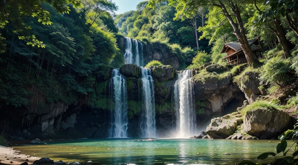 Generate a captivating image portraying the essence of natural beauty. Envision a scene with lush green landscapes, vibrant flowers, a serene waterfall, and a clear blue sky. Include an imaginary figure, perhaps a gentle guardian or ethereal being, harmoniously connected to the beauty of nature. Illuminate the entire scene with a warm, soft light, capturing the enchantment and tranquility of nature's grace. Let the image evoke a deep sense of wonder and appreciation for the beauty that surrounds us