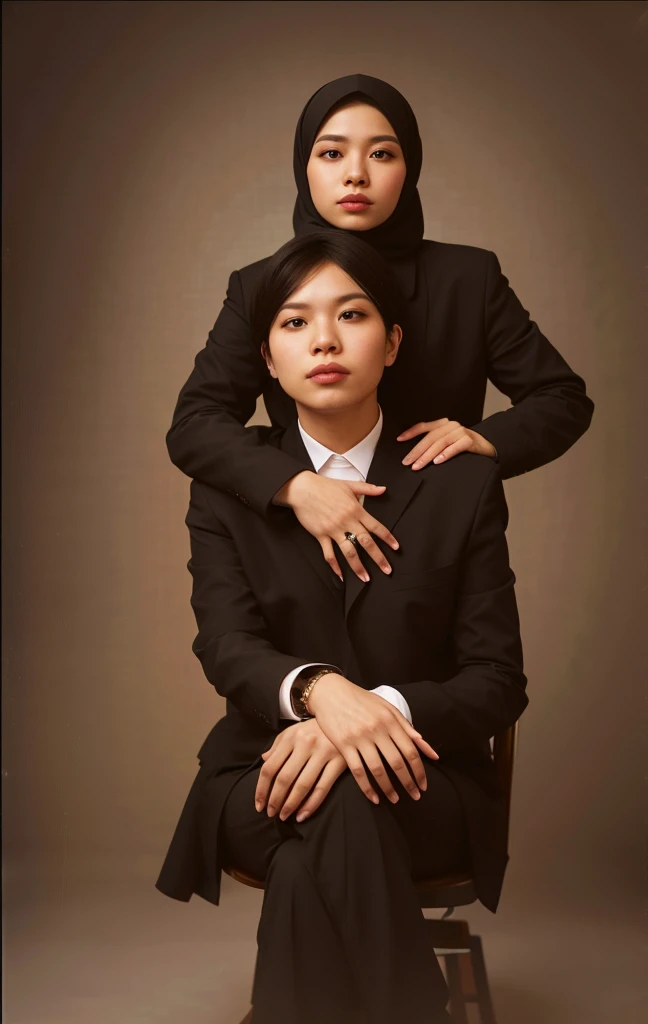there is a man Indonesian and woman hijab posing for a picture together, portrait shot, realism art, epic and classy portrait, photo portrait, promotional portrait, high quality portrait, man in sit in the chair, portrait of women embracing,