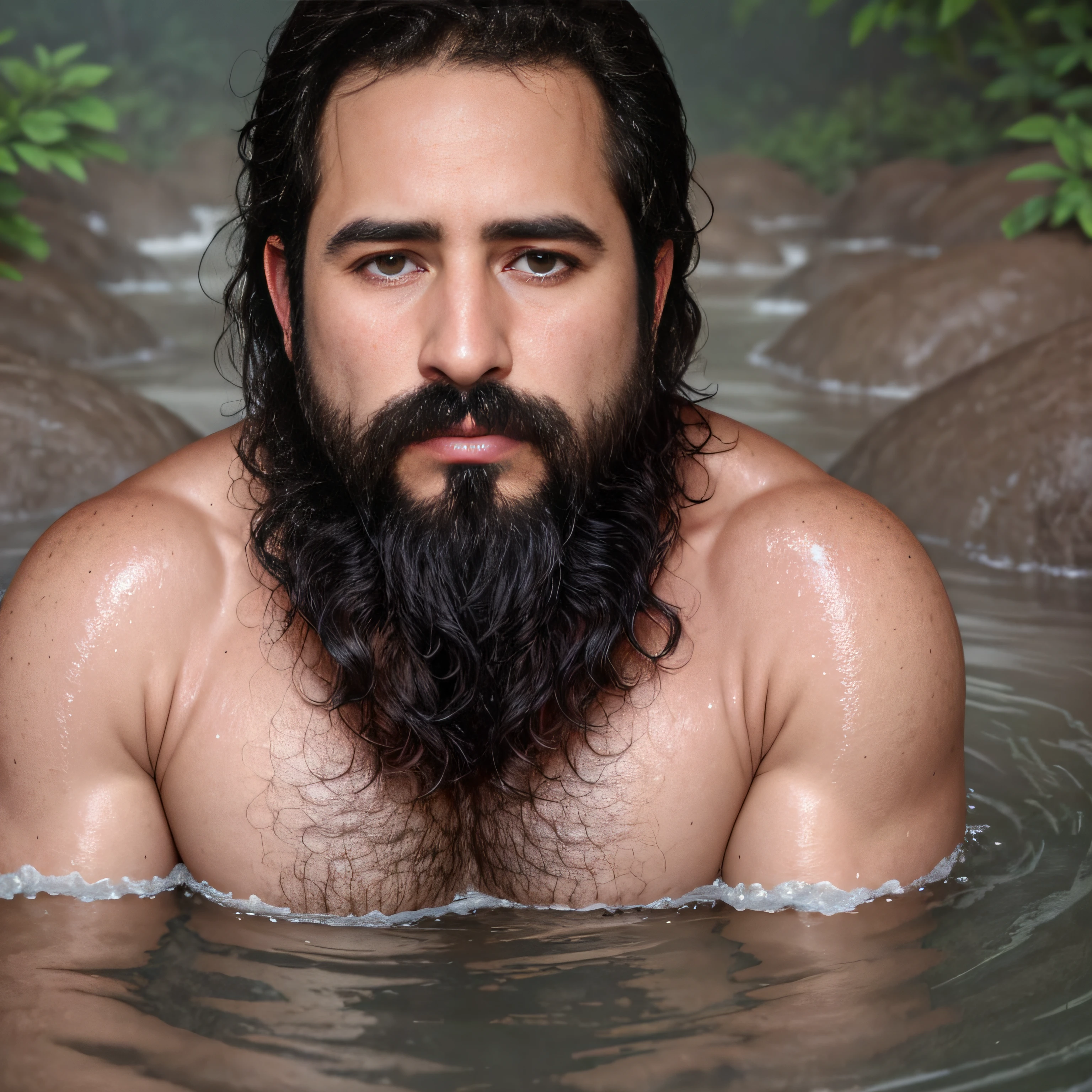 ultrahigh resolution, La mejor calidad, Foto, 4k, (fotorrealista: 1.4), cinematic lighting, a beautiful 38 year old man bathing in a river of milk, barba, brown eyes