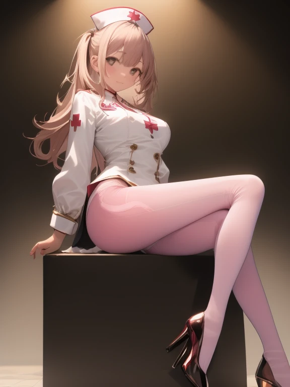 (full bodyesbian:1.5)，(1girll:1.3),(view the viewer:1.4)，(anatomy correct:1.4),(Sit on top of the hill:1.2),(Wearing a white nurse suit:1.2),(Opaque pink pantyhose:1.3),( Girls pointed-toe thick heels :1.1),(Accurate and perfect face:1.3),(Long legs:1.3),hyper HD, Ray traching, reflective light， structurally correct, Award-Awarded, High detail, Fade shadow contrast, Face lighting ，Cinematic lighting, Masterpiece, super detailing, High quality, High detail, Best quality, 16k，High contrast,sexyposture，Cocked buttocks， your ass，brassier，genitals visible，leg wide open，panties are visible，M legs，