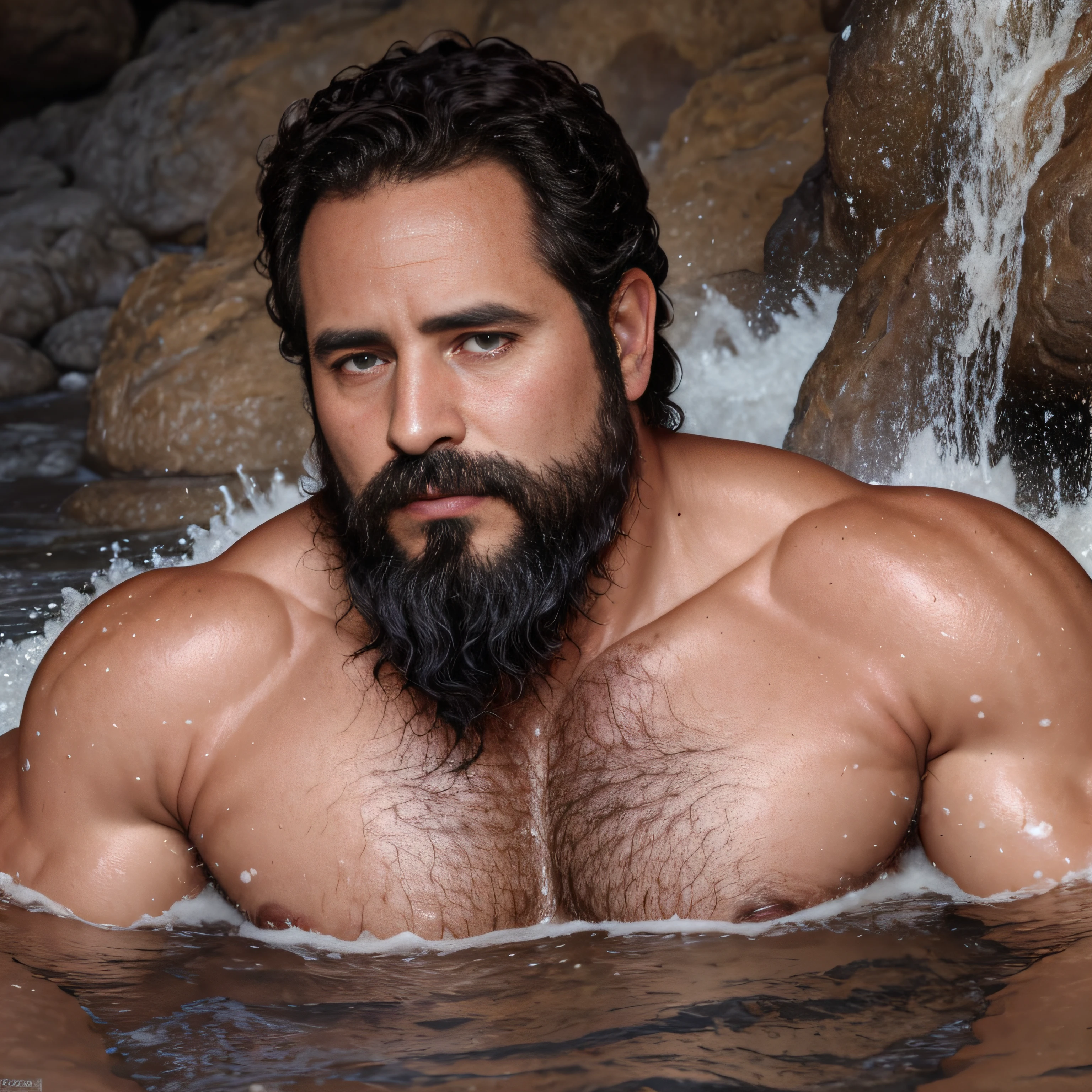 ultrahigh resolution, La mejor calidad, Foto, 4k, (fotorrealista: 1.4), cinematic lighting, a beautiful 38 year old man bathing in a lava river, barba, brown eyes