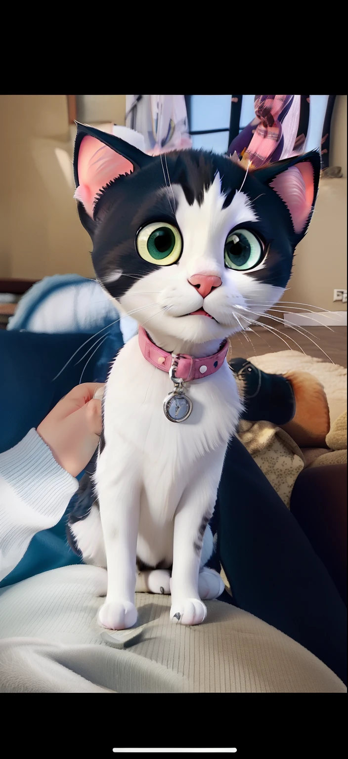 there is a black and white cat sitting on a person's lap, cute furry needs your help, black and white cat, white ( cat ) girl, cat female with a whit and chest, looking to the camera, looking to camera, super cute and friendly, she has a cute face, looking straight to camera, looking straight to the camera, she is facing the camera, wearing a pink collar with a silver bell