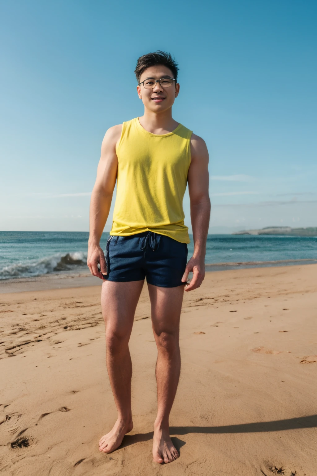 Full body, Andrew thomas huang, oval face, eyeglasses, neat muscular, yellow sleeveless shirt, short shorts, sea beach