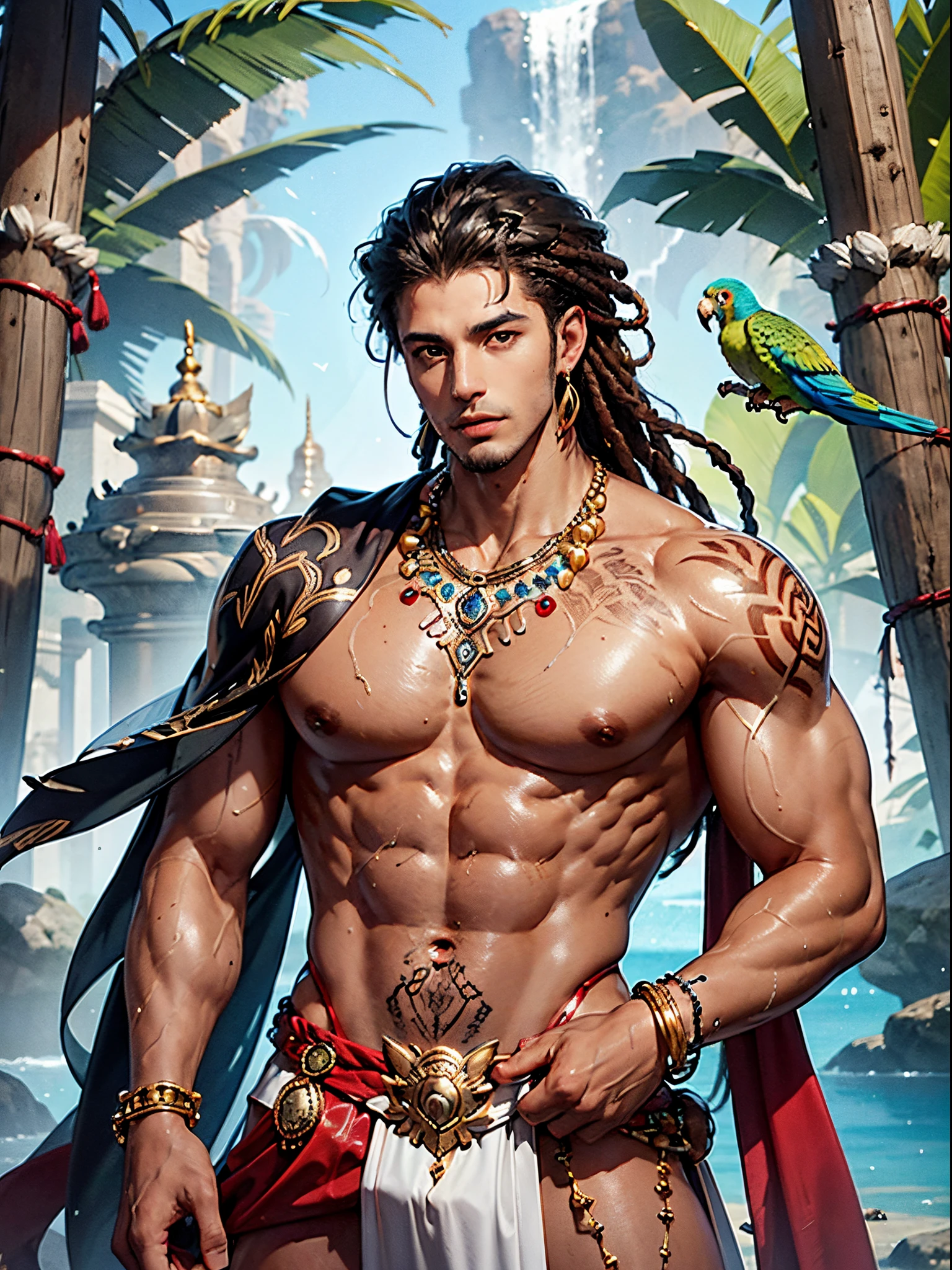 Latino man, dark skin, dreadlocks, handsome, big muscles, broad shoulders, sexy, wet body, tattoo, perfect figure, wearing stone bead necklace, stone bead bracelet, red loin cloth, gold earrings, feather jewelry, leather leopard, rainforest, parrot, portrait