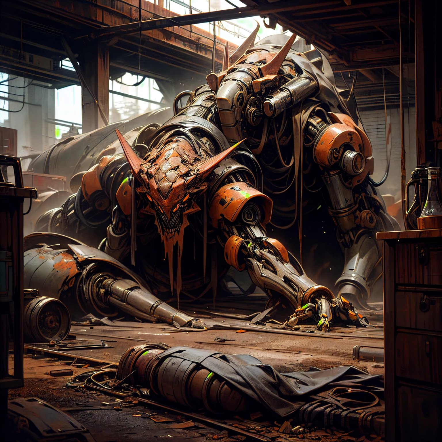 A mechanical lindwyrm, crawling, scrappy, covered in dust, rusted,