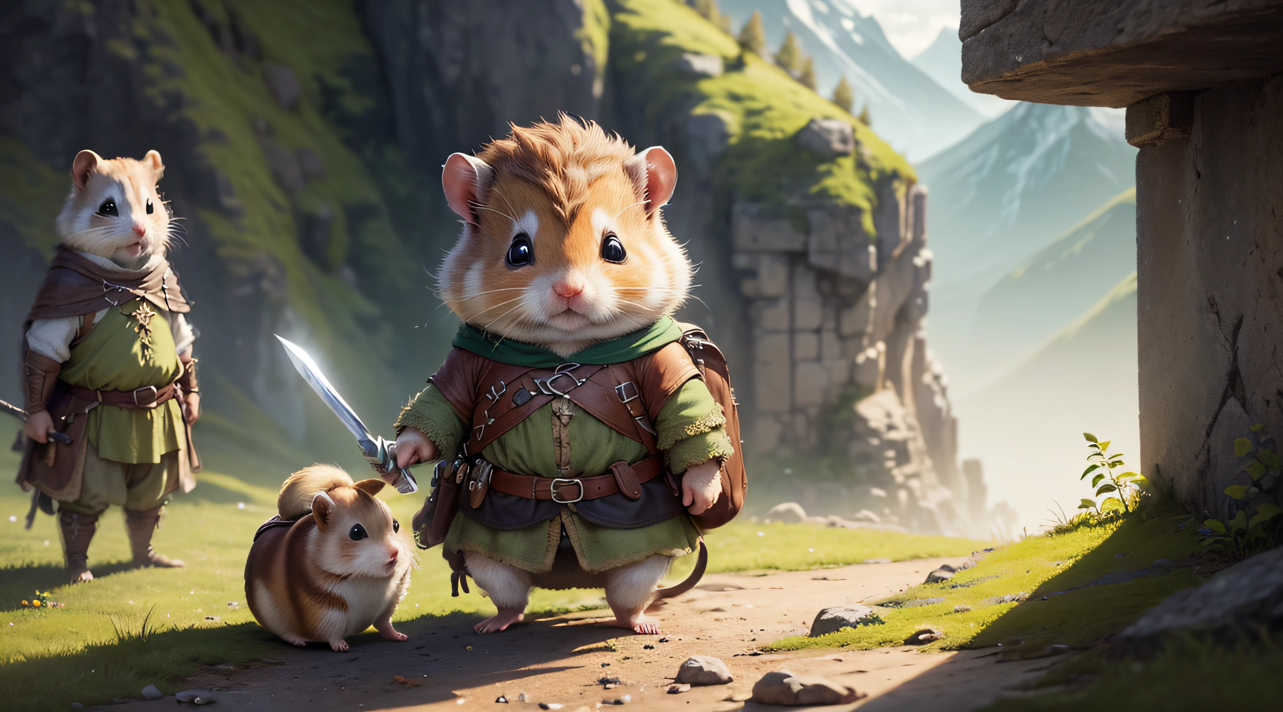 (meilleur qualité: 1.2 ultra détaillés) hamster aventurier réaliste (hamster hobbit (Vêtement). Devant la Montagne de Feu (Mordor du Seigneur des Anneaux). explorez les trésors cachés dans les ruines antiques, hamster courageux et déterminé, curieux, intelligent et agile, tenant une petite épée dans ses petites pattes, orné d&#39;un petit sac à dos, Éclairage doux et naturel, créer un sentiment d&#39;aventure et d&#39;émerveillement, Des couleurs vives et éclatantes, avec une touche de chaleur et de nostalgie.