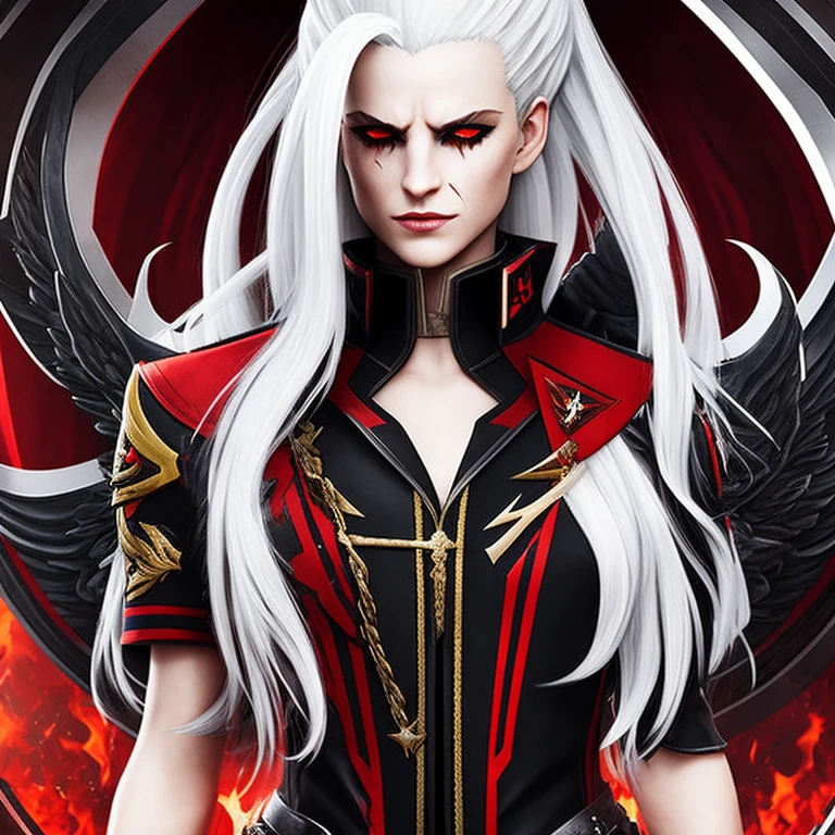 Helltaker, Azazel, VanripArt_05, white hair, bangs, red eyes, long hair, ponytail, shaved hair on sides, has red sunglasses, fancy  black and white military uniform, horns coming from her forehead, vanripper style