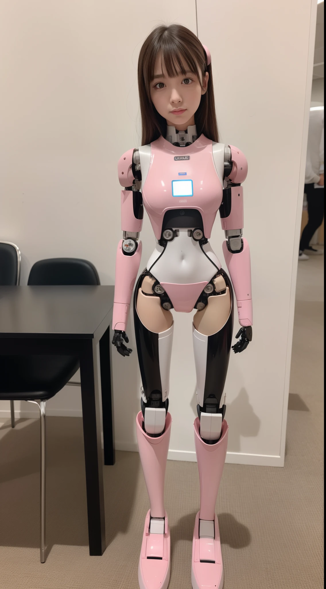 Robot Girl, pink there, Silver, Metallic body, Robot Parts, Metal Parts, Super Detailed Face, Super well-formed face, of the highest quality, a small face, a small head, Brown hair, Slender body, Camera gaze, Internal Mechanical Exposure, Idol, front facing, Well-proportioned body, sale, Exhibited, Event Hall, Moe Pose, Standing with legs open, Model body type, sad, Embarrassing,(Perfect Robot Girl),(Perfect machine body)