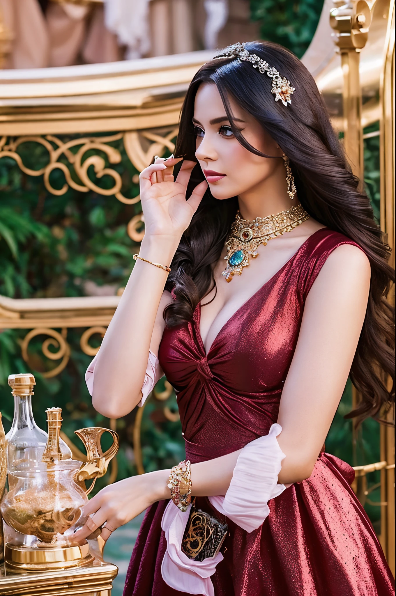 1girl in, long_hair, Bright_hair_Color, Seductive_Eyes, Mysterious_expression, Mature_appearance, Glamorous_outfit, flowing_Dress, Elegant_Jewelry, Convoluted_ornamented, Magic_Symbols, blazing_Accessories, potions, sscroll, Cute_accent, the bow, bow ribbon, Flowers,