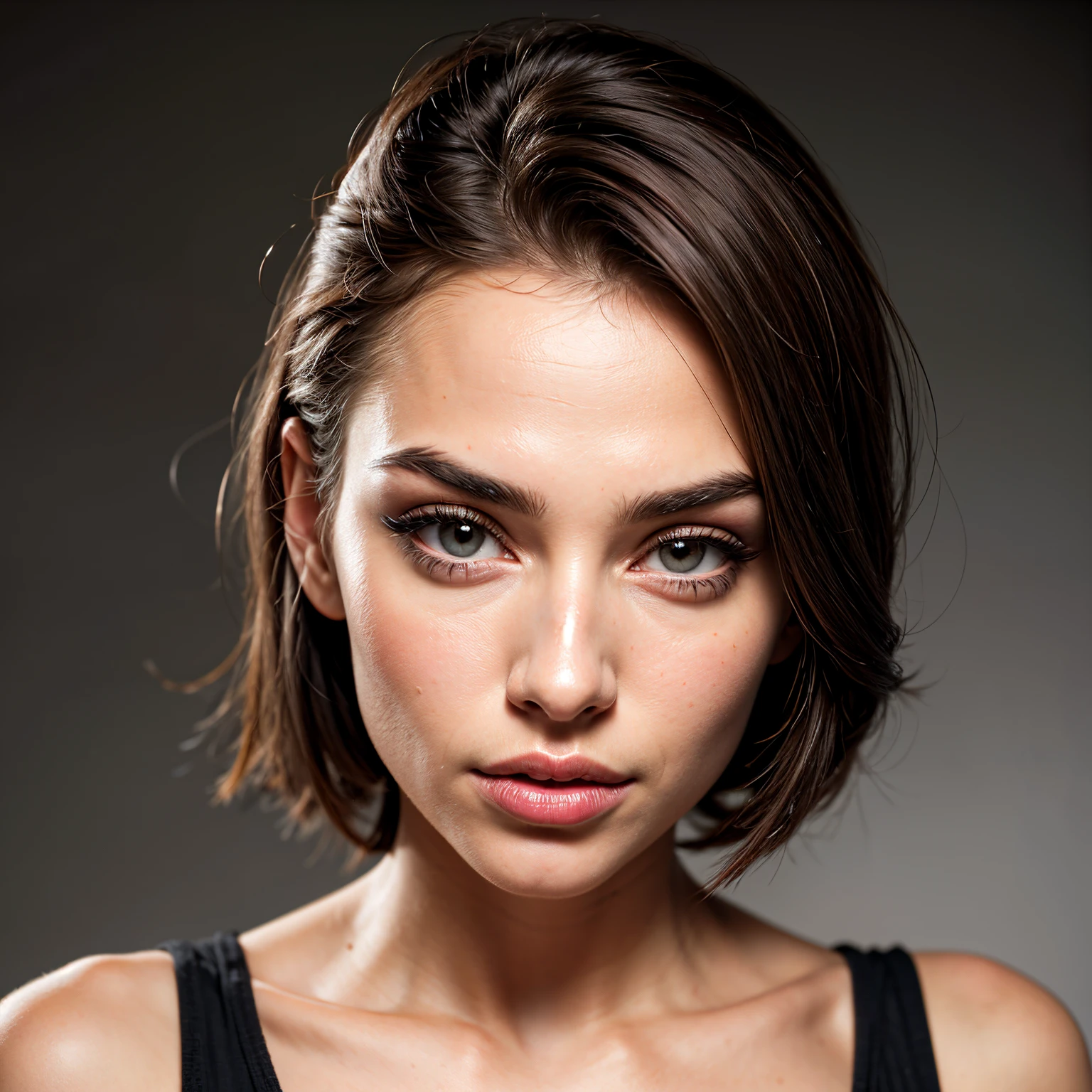 A portrait of a European beauty, ((front face: 1.3)), high eyebrows, simple dress, smoky makeup