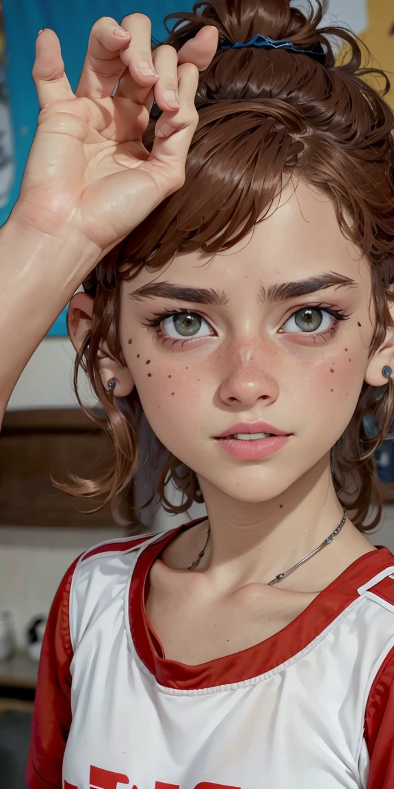 Photo of a -yeld Euean girl, .RAW, beautiful woman, (Light brown hair with ponytail hairstyle ), peinado de cola de caballo ((retrato)), ((Cara detallada:1.2)), ((Detailed facial features)), (Piel finamente detallada), con pecas en mejillas y pecho ,parque,、ropa reveladora transparente , ropa sexy、senos grandes , pechos grandes , gran sonrisa (cool color), humid, humid, Reflectores, (Masutepiece) (proporciones perfectas)(fotos realistas)(La mejor calidad) (Detallado) fotografiado con una EOS R5 de Canon, Lente de 50 mm, f/2.8, NffSW, (8k) (papel tapiz) (cinematic lighting) (Dramatic lighting) (foco nítido) (Enrevesado) , sosteniendo palo de hockey, estadio de hockey ,cuerpo completo, hermoso cuerpo de mujer , Posing and waving to the camera , hermosa desnudes