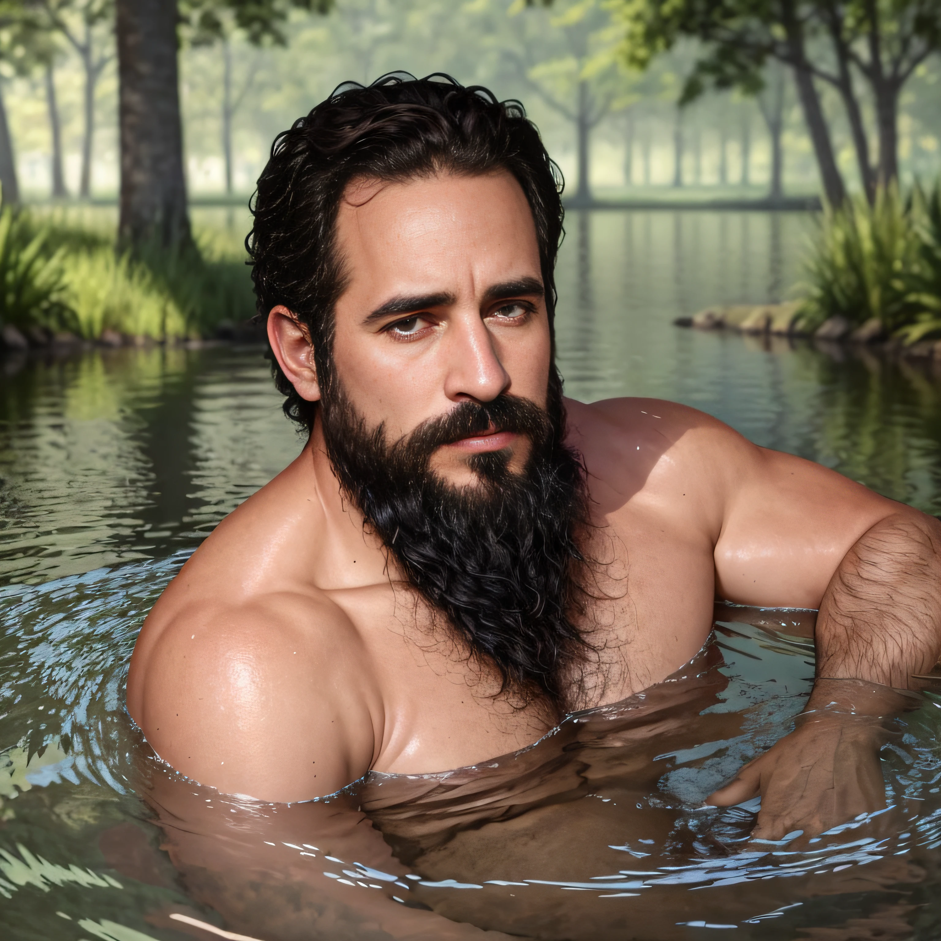 ultrahigh resolution, La mejor calidad, Foto, 4k, (fotorrealista: 1.4), cinematic lighting, a beautiful 38 year old man bathing in a lake, barba, brown eyes