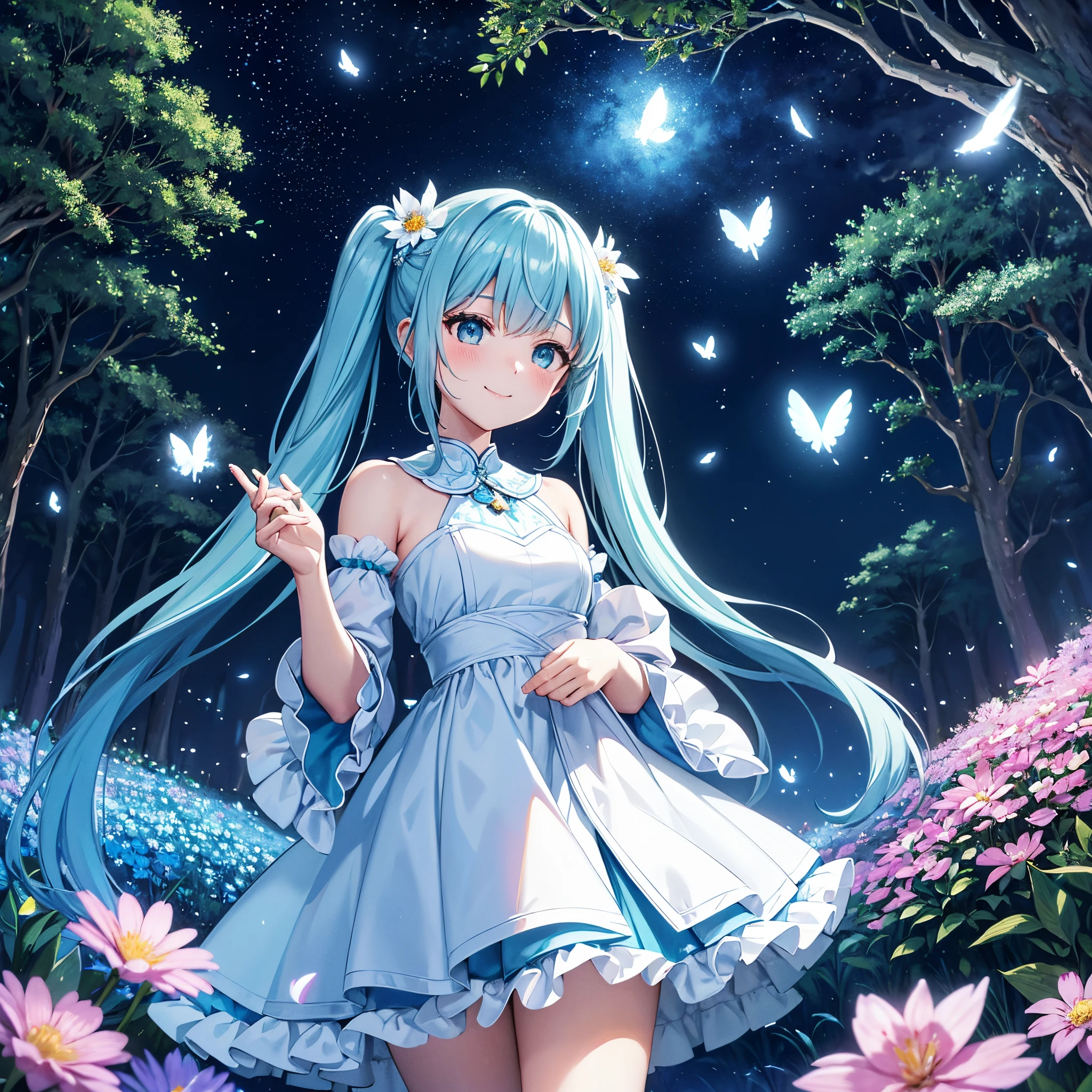 Dynamic Angle、 within a magical forest, a mystical fairy girl emerges, Light blue long hair、Hairstyle is Twintails、adorable smiling、Moonlight twinkle, flower bloom、A big pure white owl is watching over you、The tree々While flapping its wings in the sparkling fireflies, Many beautiful flowers are blooming、fantastic landscape、A sky full of stars twinkles、 Creating a field where dreams and reality intersect,