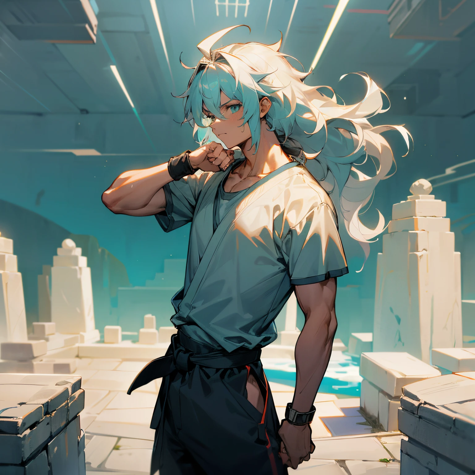 1male , black shortsleeve T-shirt , White Baggy Karate Pants , Black martial arts belt , wristbands , Long Length Hair , Light Teal Hair , Messy Spiky Wavy Hair , Backnot in hair , Somewhat Muscular Build , Perfect Generation , Standing in Stone Coliseum , looking at camera