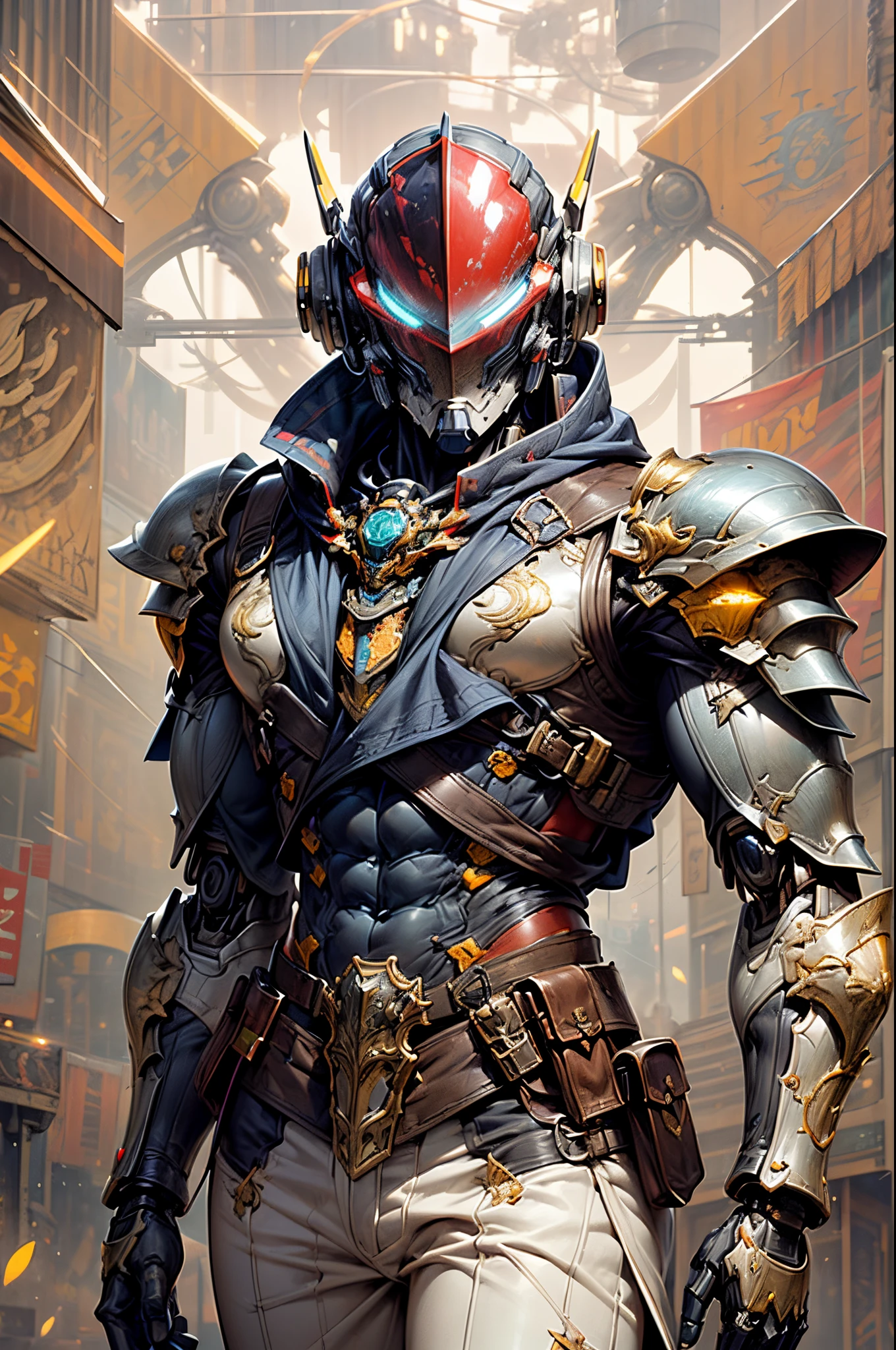 (((An epic and visually stunning digital anime masterpiece featuring a sylphlike masculine ((male:1.5)) space angel clad in a sleek yet tactical white armored military trench coat:1.2))), (((flat masculine male chest:1.5, mechanical mecha head with a knight visor:1.5))), (((the character is adorned in a (scifi tactical armored open front trench coat with a built in exoskeleton, hood pulled up) (over a form fitted armor plated yet super sleek and revealing under suit with waist cut outs), the armor plating on the upper arms and shoulders beautifully engraved))):1.4. The image showcases the intricacies of the character’s armor and clothing:1.5, ((capturing their flamboyant essence and heavy mecha aesthetic:1.2)). The character also possesses an androgynous charm, (((with slim yet heavily muscled physique:1.2, sylphlike with a sleek waist, toned yet beautifully sleek cybernetic arms:1.3, mechanical arms and legs:1.3, mecha muscles:1.3))), looking at viewer, (((dieselpunk:1.3)))