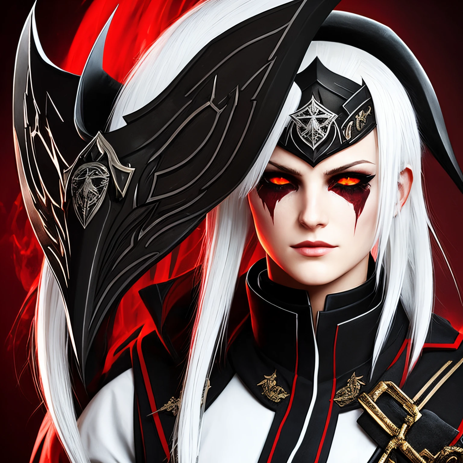 Helltaker, Azazel, VanripArt_05, white hair, bangs, red eyes, long hair, ponytail, shaved hair on sides, has red sunglasses, fancy  black and white military uniform, horns coming from her forehead, vanripper style