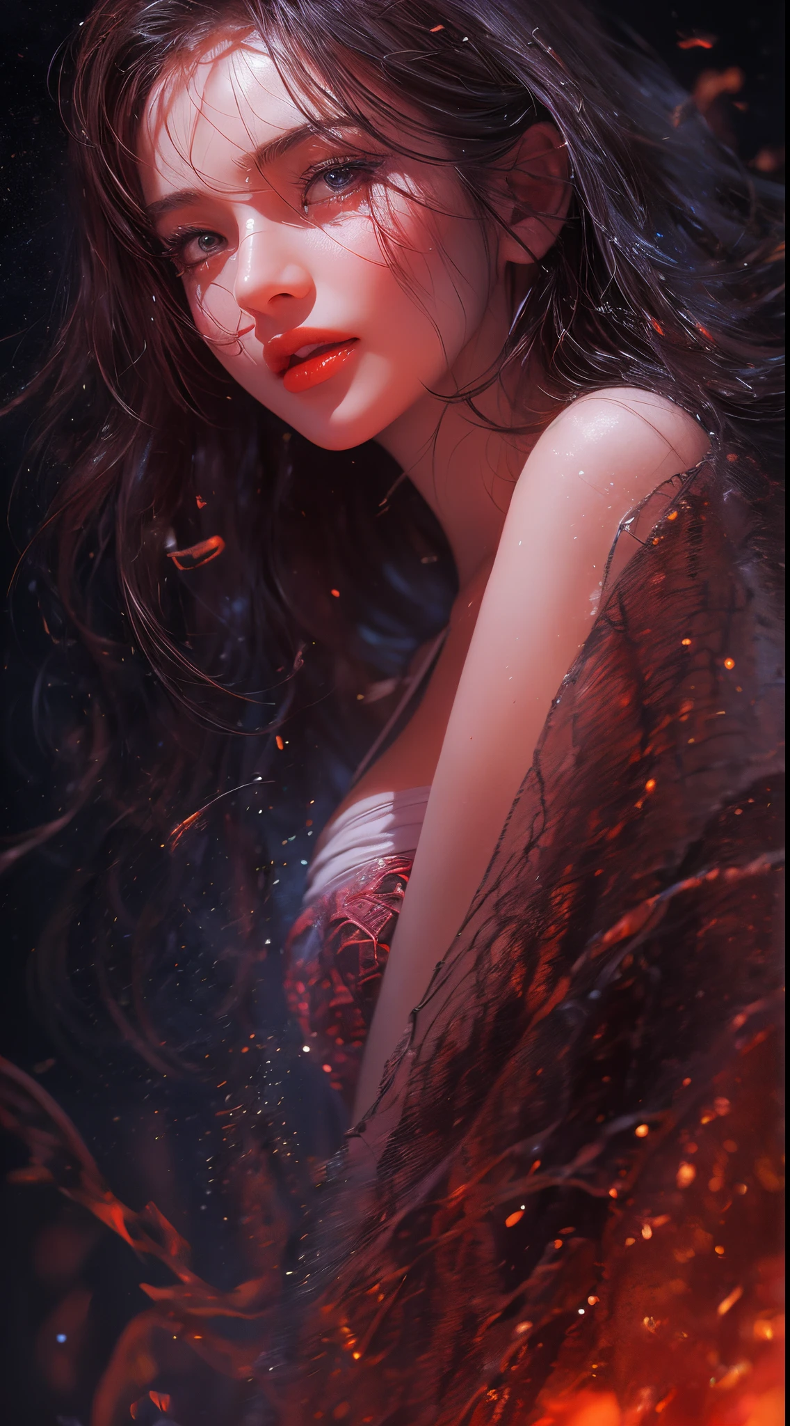 best quality,ultra-detailed,realistic,portrait:1.2,professional,colorful,soft lighting,full body,a beautiful cutest woman,tall and slender,mysterious,dynamic action,a raging fire,expression of pure malice,red moon