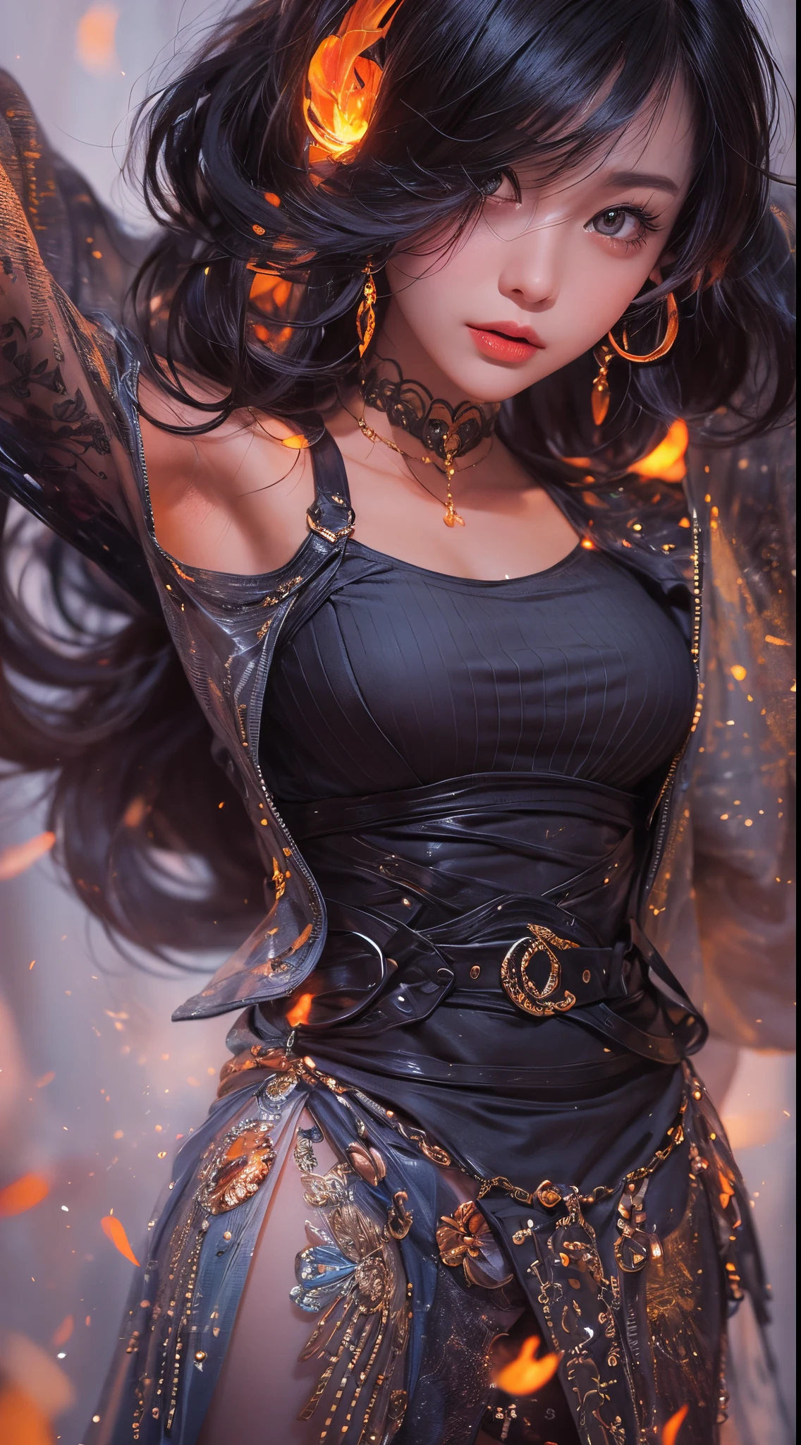 best quality,ultra-detailed,realistic,portrait:1.2,professional,colorful,soft lighting,full body,a beautiful cutest woman,tall and slender,mysterious,dynamic action,a raging fire,expression of pure malice,red moon