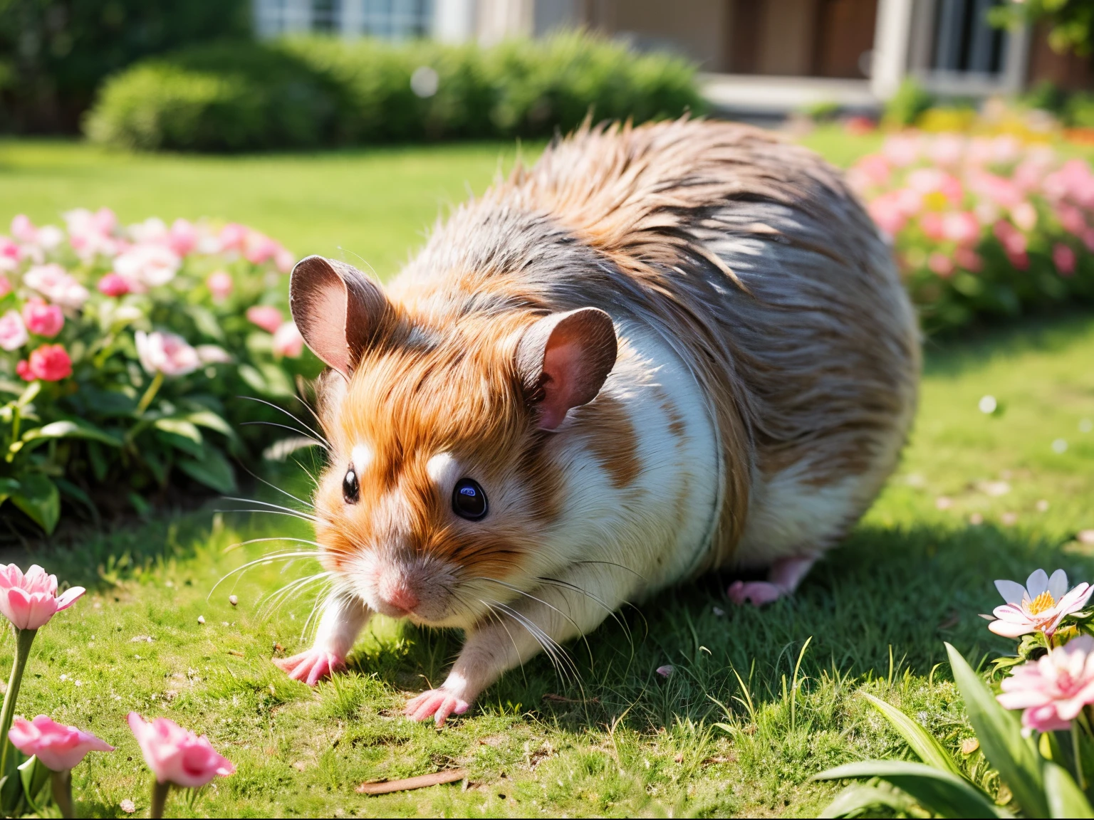 (masterpiece), realistic, fractal art, (((hamster adventurers))), walk around the garden flower bed, with a 2yo girl