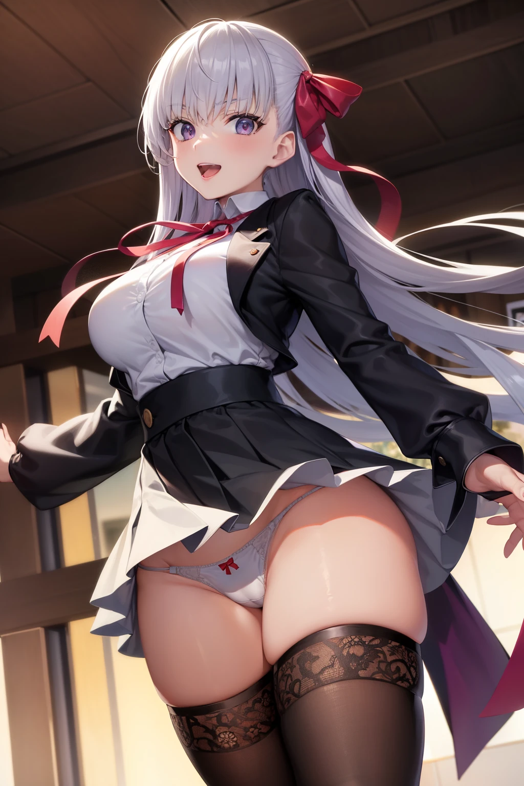 Hugob, nffsw, Silver hair, Long hair, Bangs, (Purple eyes:1.1), (medium breasts:1.2),Blake Black Jacket, Collared shirt, Hair Ribbon,Jacket, Long sleeves, Neck ribbon, Open your clothes, Open jacket, Red Ribbon, bow ribbon, Shirt, sleeves past wrists, White shirt, Wide sleeves,BREAK looking at viewer,BREAK outdoors, BREAK (masutepiece:1.2), Best Quality, High resolution, Unity 8k壁纸, (Illustration:0.8), (Beautiful detailed eyes:1.6), extra detailed face, Perfect Lighting, extremely details CG, (Perfect hands, Perfect Anatomy),Naughty smile with open mouth、、Stand on the escalator, (By up escalator), (lower body shot), Thigh Focus, (Taken from the bottom 1.3), (View from behind1.3)、 (white panties:1.3)、(Skirt that rolls up:1.3)、(Fully exposed panties:1.5)、(black thighhighs:1.3)、(((blue detailed lace panties)))