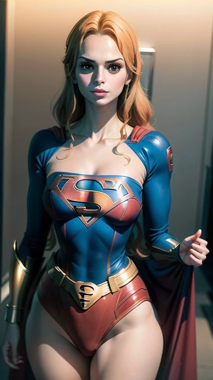 Foto corpo inteiro, Mulher bonita cabelo curto corpo definido seios grandes, vestindo cosplay de Supergirl, cabelo laranja, heroic pose