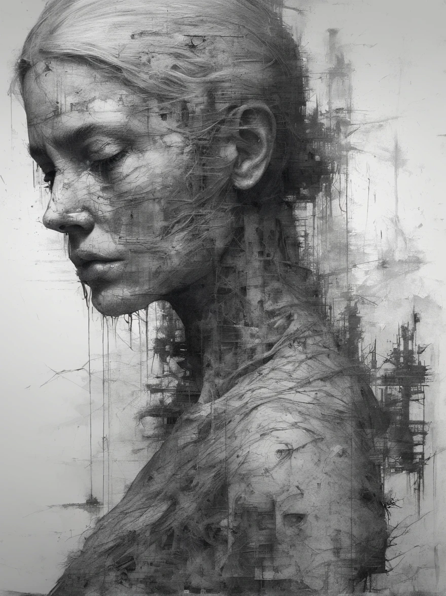 Perfect centralization, Coelho (Franco)by downey, stand posture, abstract beauty, are in the center, looking at the camera in, facing at the camera, nearing perfection, sad, Despero, Full body lesbian, put your hand on her head, dynamic, The content is very detailed, seeds, lock focus, 8K, high definition resolution, illuminations, Artwork by Carne Griffiths and Wadim Kashin, white backgrounid
