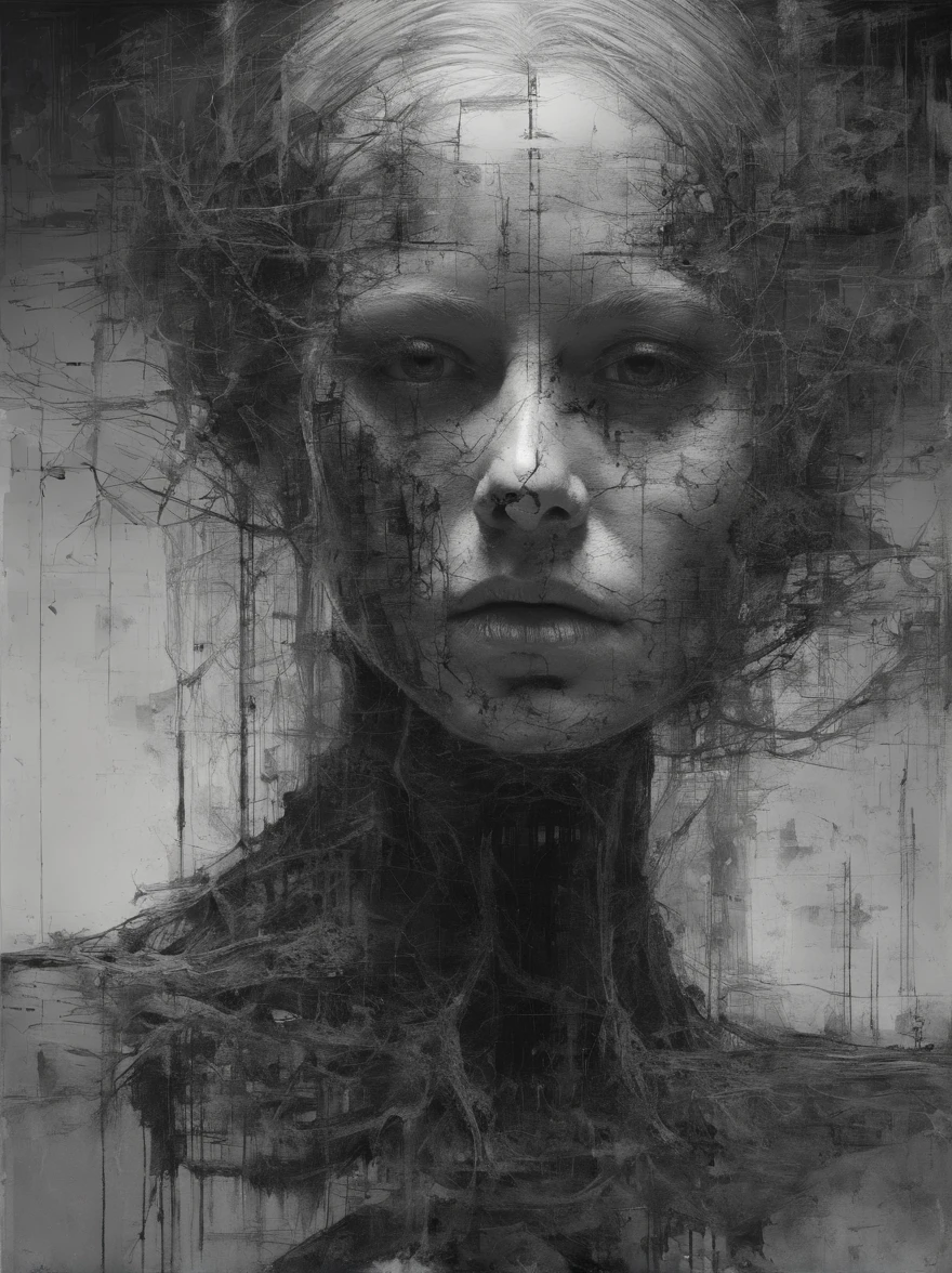 Perfect centralization, Coelho (Franco)by downey, stand posture, abstract beauty, are in the center, looking at the camera in, facing at the camera, nearing perfection, sad, Despero, Full body lesbian, put your hand on her head, dynamic, The content is very detailed, seeds, lock focus, 8K, high definition resolution, illuminations, Artwork by Carne Griffiths and Wadim Kashin, white backgrounid