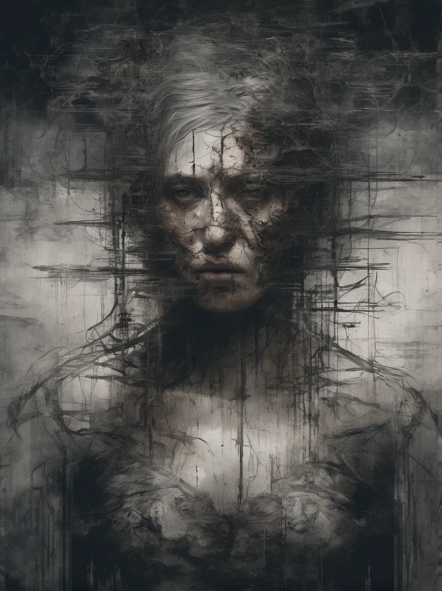 Perfect centralization, Coelho (Franco)by downey, stand posture, abstract beauty, are in the center, looking at the camera in, facing at the camera, nearing perfection, sad, Despero, Full body lesbian, put your hand on her head, dynamic, The content is very detailed, seeds, lock focus, 8K, high definition resolution, illuminations, Artwork by Carne Griffiths and Wadim Kashin, white backgrounid
