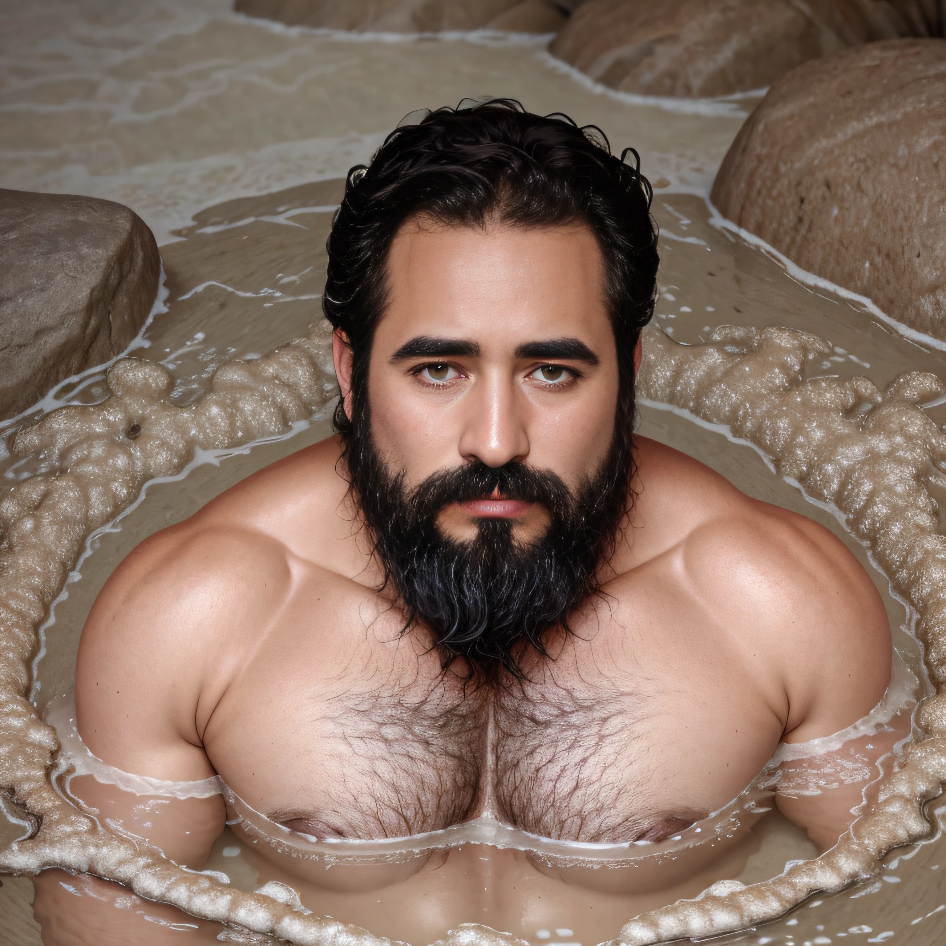 ultrahigh resolution, La mejor calidad, Foto, 4k, (fotorrealista: 1.4), cinematic lighting, a handsome 38 year old man bathing in a white sunga, barba, brown eyes