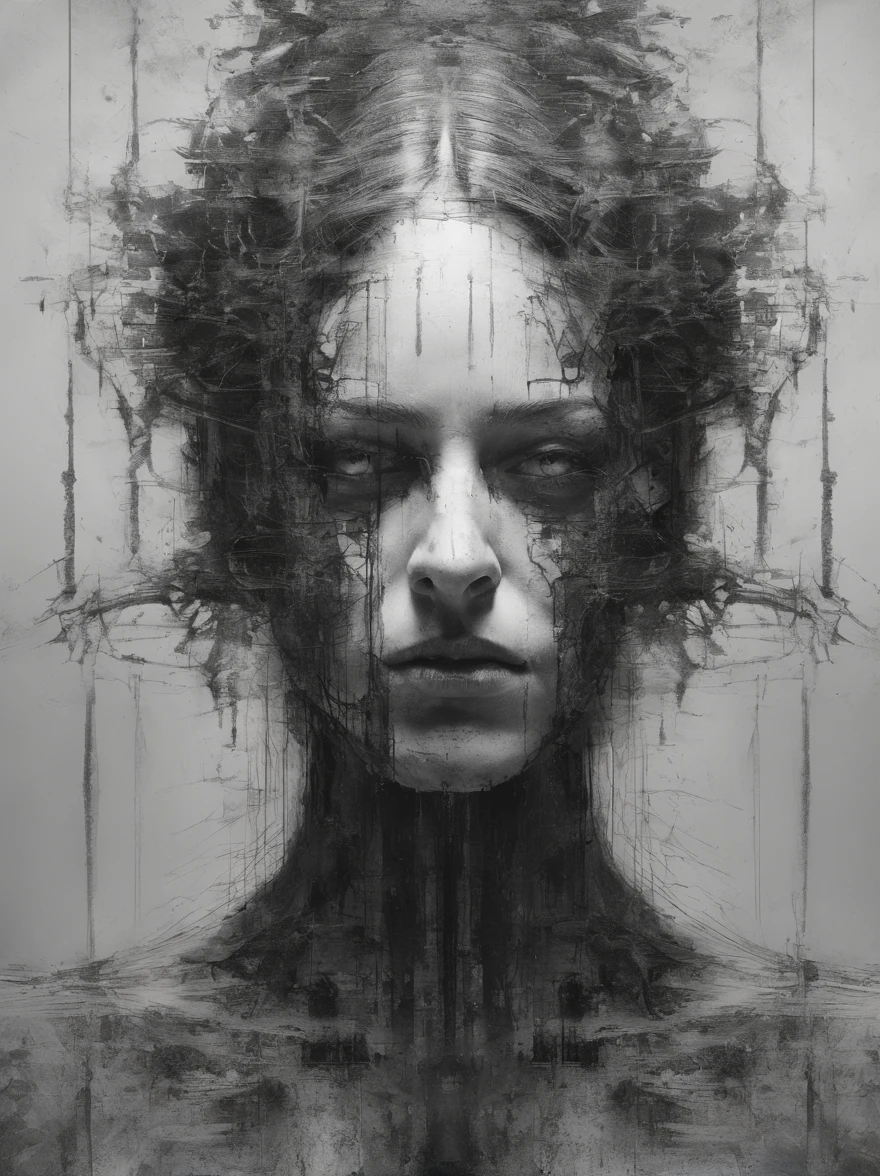 Perfect centralization, Coelho (Franco)by downey, stand posture, abstract beauty, are in the center, looking at the camera in, facing at the camera, nearing perfection, sad, Despero, Full body lesbian, put your hand on her head, dynamic, The content is very detailed, seeds, lock focus, 8K, high definition resolution, illuminations, Artwork by Carne Griffiths and Wadim Kashin, white backgrounid