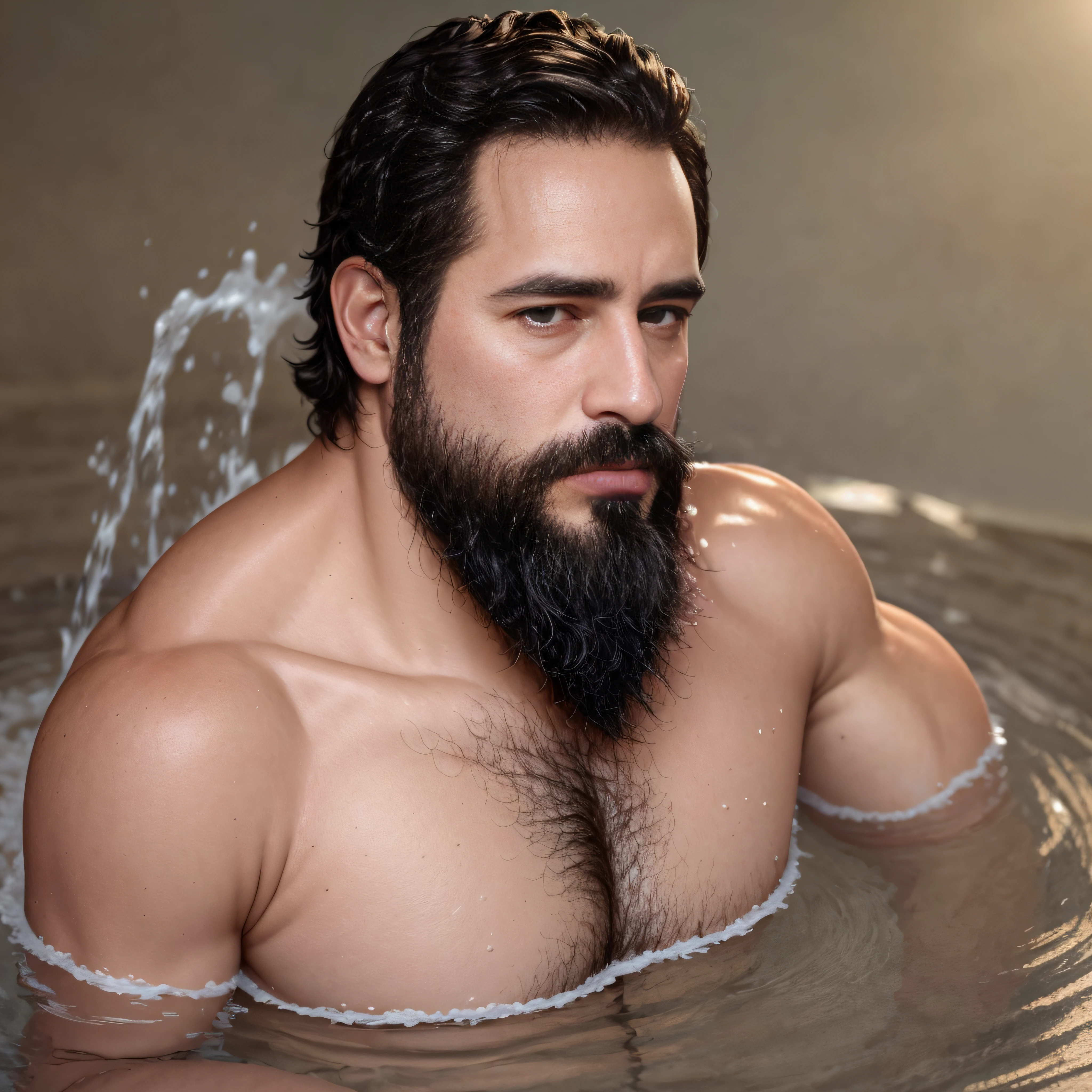 ultrahigh resolution, La mejor calidad, Foto, 4k, (fotorrealista: 1.4), cinematic lighting, a handsome 38 year old man bathing in a white sunga, barba, brown eyes