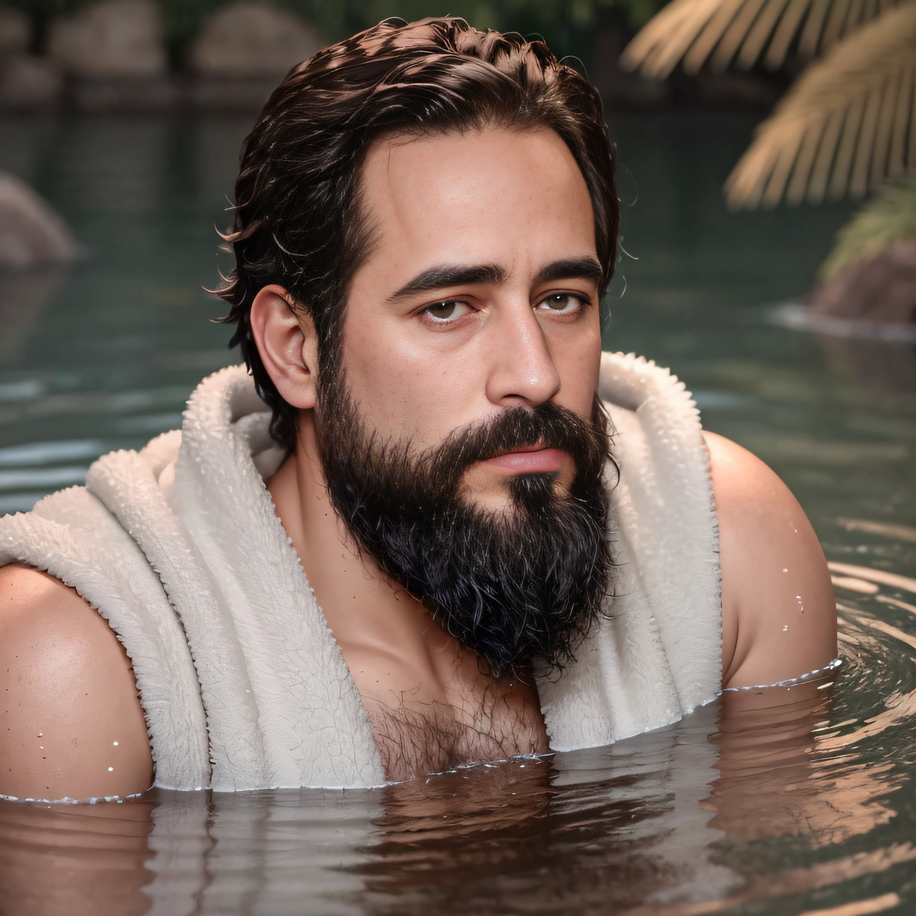 ultrahigh resolution, La mejor calidad, Foto, 4k, (fotorrealista: 1.4), cinematic lighting, a handsome 38 year old man bathing in a white sunga, barba, brown eyes