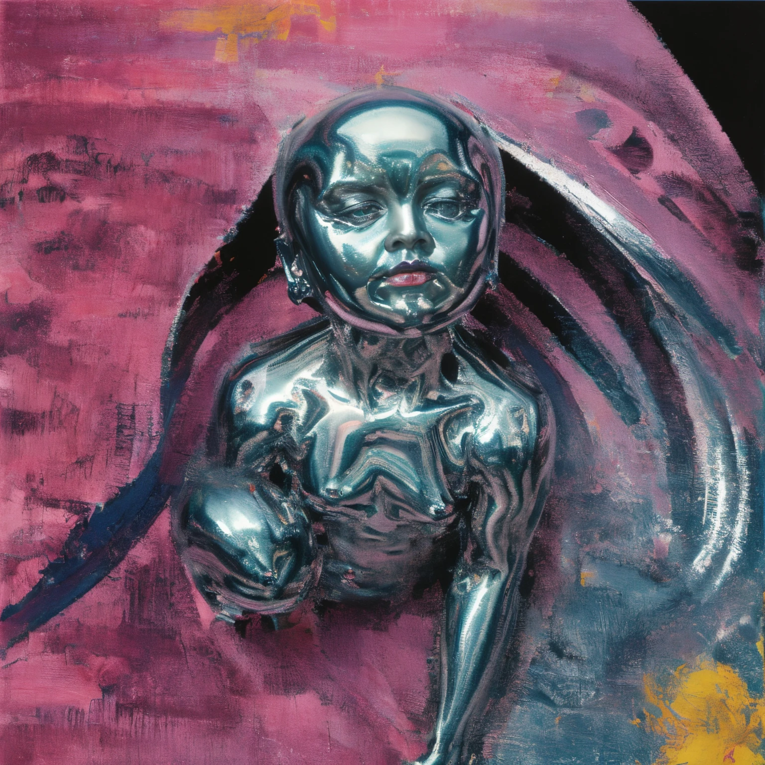 album art, metalic, aluminum emboss ten pointed star, sun and moon, metallic cosmos,  blue, silvers, soft pink, neon colors, hyper pop, colorful, trippy, melty, psychedelic, y2k, symmetry, no text, foo dog